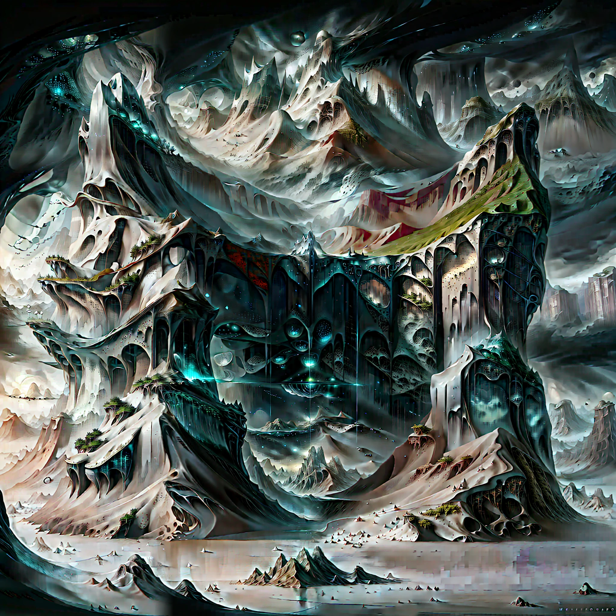 there is a digital painting of a mountain with a waterfall, symmetrical epic fantasy art, organic matte painting, most epic landscape, matte digital painting, illustration matte painting, surreal concept art, matte painting ”, matte painting”, dramatic concept art, epic fantasy digital art style, floating mountains, detailed fantasy digital art, dreamlike digital painting, fractal landscape, alien waterfall