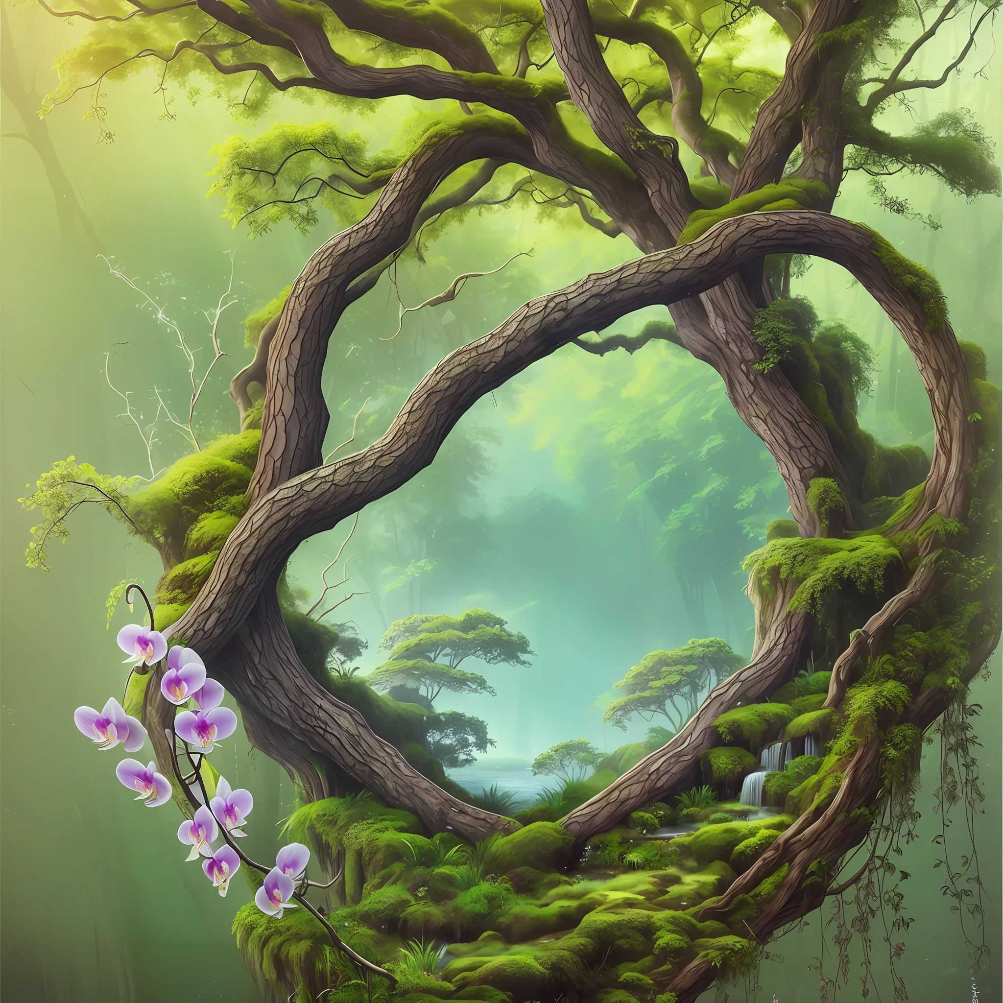 Computer Rendered Graphics, Realistic Fantasy, Extensive Landscape Ultrasound Photography (general view showing water, reflection, roots braiding the glass, orchid inside, tree, moss), blurred background, gloomy, yellow, green, purple background, pink, warm, magic, "Hyper-realistic textures," "Precise details," "Realistic still life," "Realistic portraits," "Realistic landscapes." --auto --s2