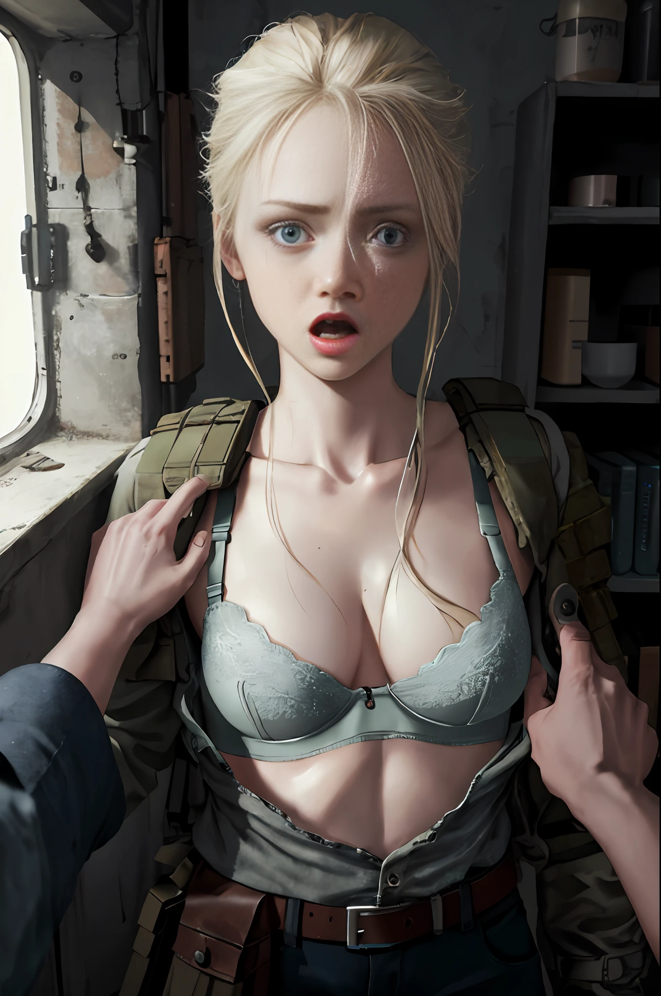 real photo, dystopians style, 1girl, scared Finnish blonde, 25 years, perfect body, troops, war, apocalypse, pov, pov hands, assisted exposure, pulled by another, lifted by another, undressing another, grabbing, pulling, clothes pull, bra pull, shirt pull, small soft breasts, natural breasts, scared, screaming, open mouth, Ultra detailed, masterpiece, hyper realistic photo, extra detailed face and eyes, extra detailed skin, film photography, cinematic light