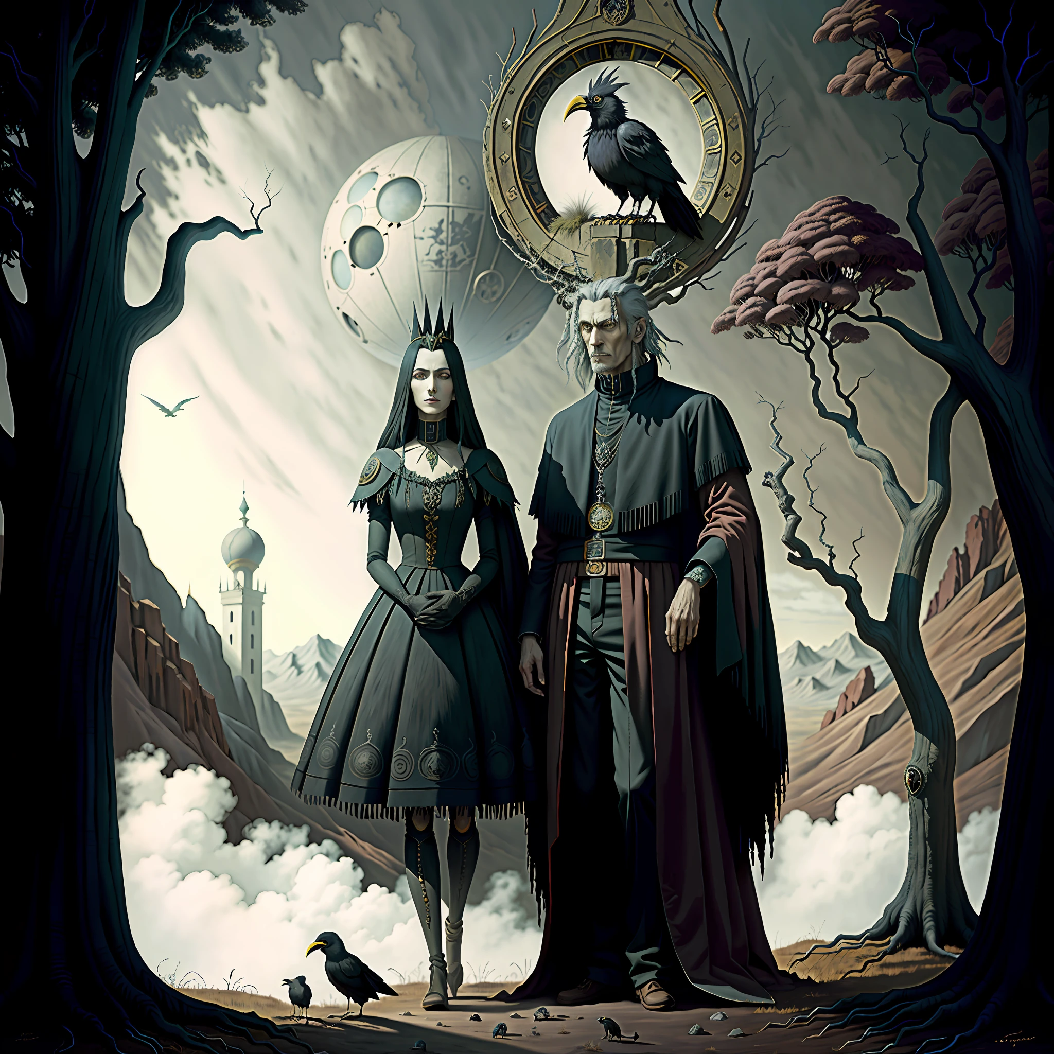 surrealist the Raven Queen naruto the movie house by todd jaskul, in the style of gothic surrealism, twisted branches, rustic figurative, apollinary vasnetsov, dark brown and light, depiction of rural life, crow-themed surrealismai