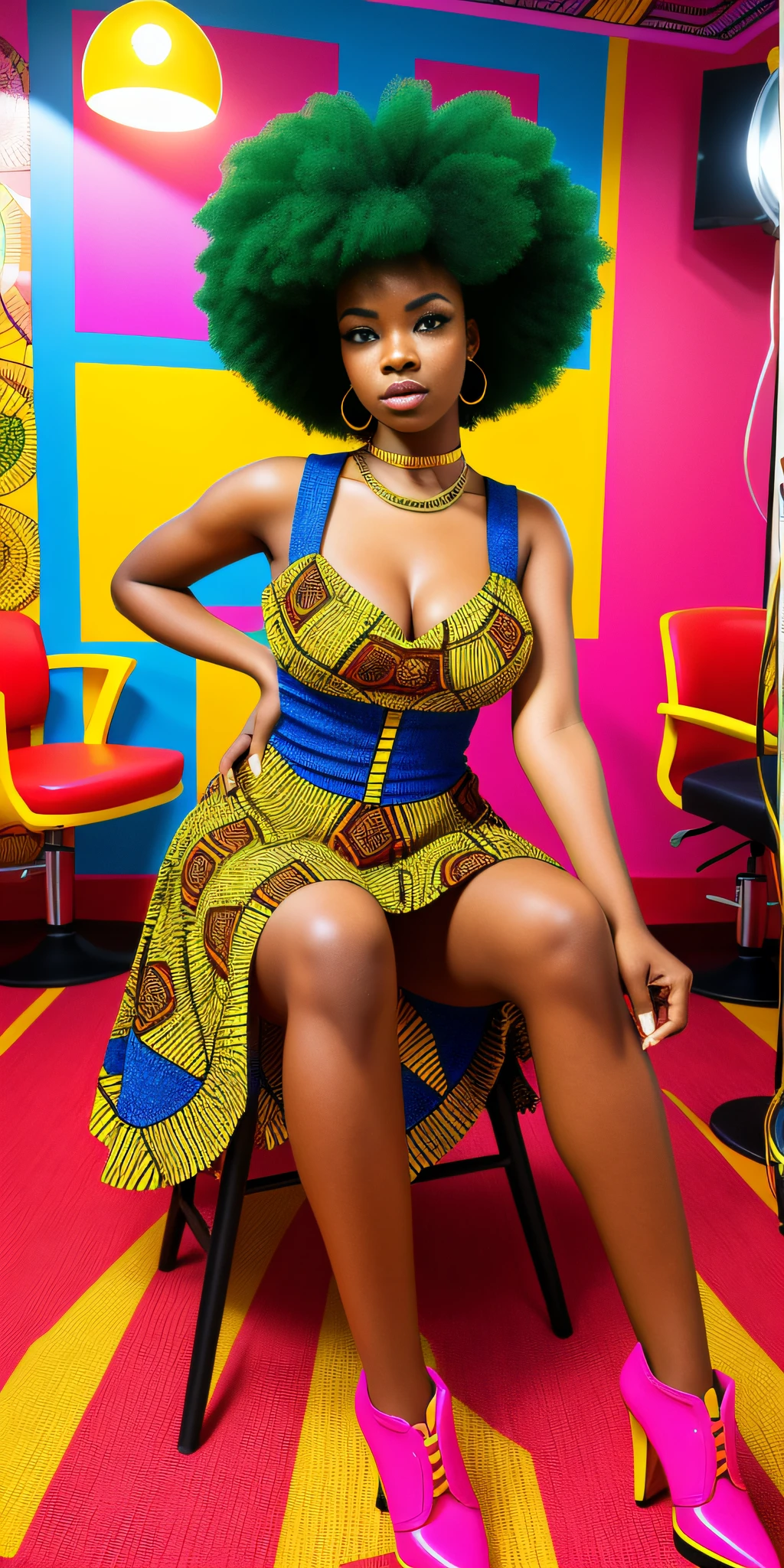 [ : high detail color RAW Photo : 20] perfect model in a [afro hair salon], fashion, posing, dynamic sitting poses, street wear, in a fantasy city,
 [ colorpunk punk afrofuturism abstract art intricate whirlpool splash mix gradient
 : mischievous afrofuturism namibiam model, female punk Abbie : 4] feshion futurisctic, [African], intense look, full body portrait, traditional African patterns and fabric, colorful african dress 
[ : Detailed skin : 30]  The background should be visually interesting. Use the colors [colors green, red and yellow], soft and professional colors and shadows.