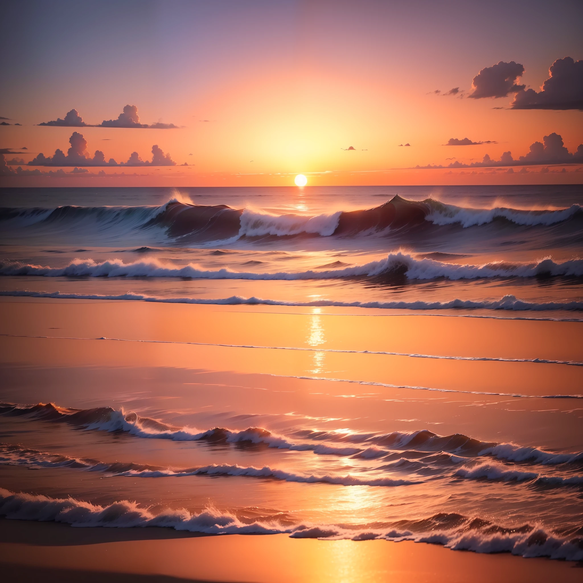 An absolutely mesmerizing sunset on the beach, with a mix of orange, pink, and yellow in the sky. The water is crystal clear, gently kisses the coast, and the white sand is endless. The scene is dynamic and breathtaking, with seagulls soaring high in the sky and palm trees swaying softly. Immerse yourself in the calm atmosphere and let the serenity surround you.