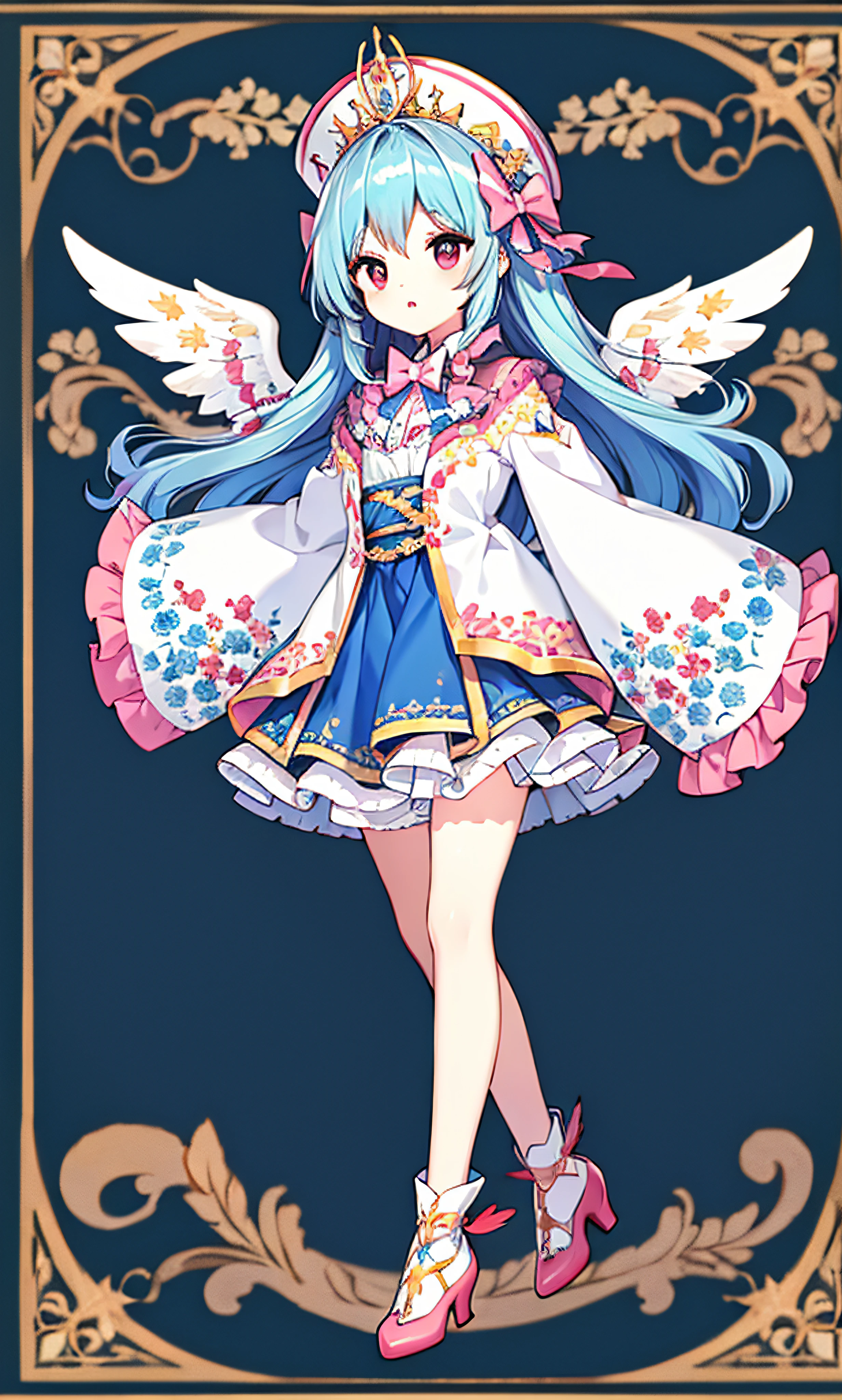 , a girl, blue hair, white background, hat, skirt, blue shoes, wings, simple background, signature, flowers, nail polish, wide sleeves, long sleeves, blush, animal, white flower, full body, , look in front of the audience, high heels,, frills, bow, bangs, ribbon, bells, blue tiara, +_+, socks, long hair, pink eyes, shoes,,feathered wings,