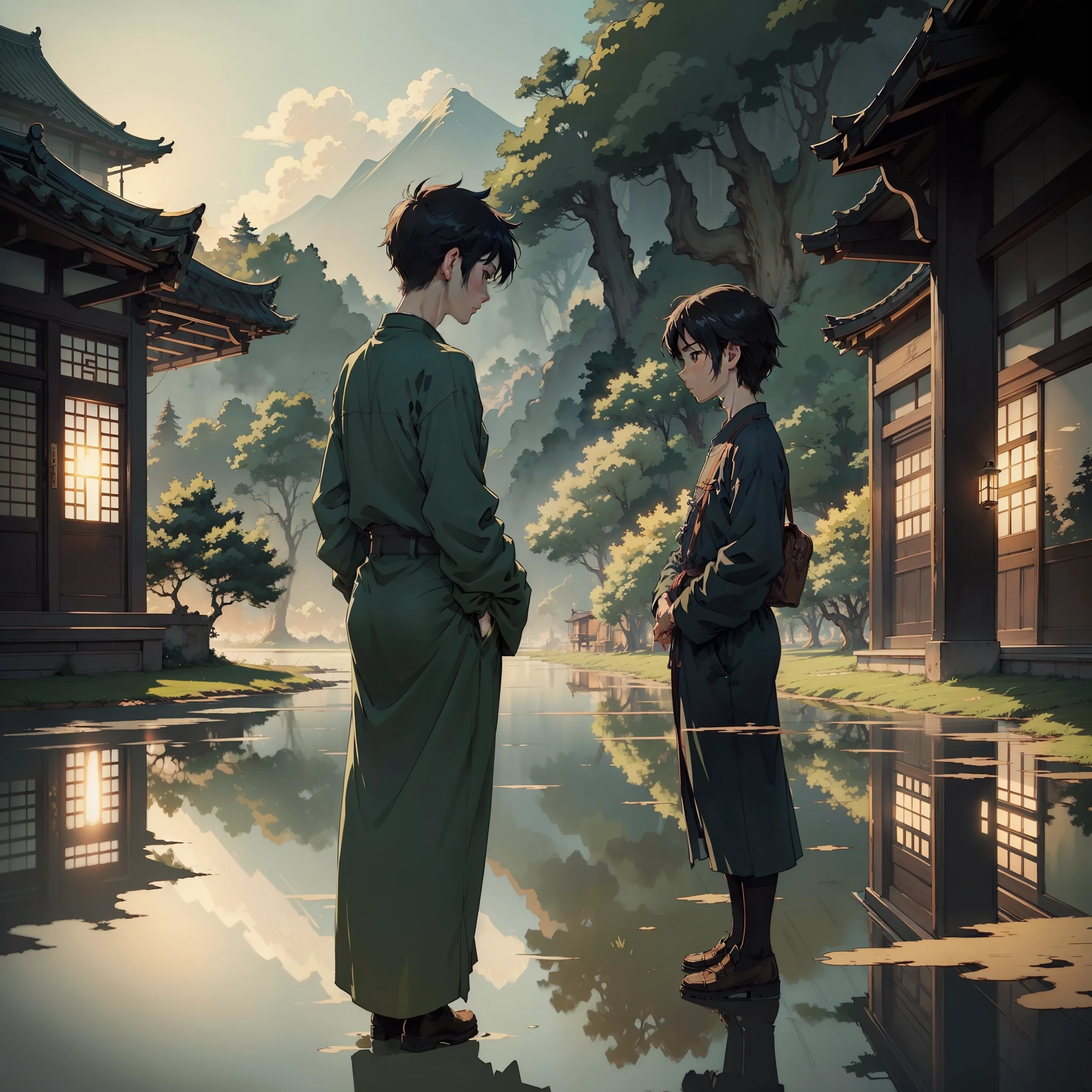 High quality masterpiece, lofi art style, chinoiserie, antique, reflection. by Makoto Shinkai, lofi art, Beautiful anime scene, Anime landscape, detailed scenery —width 672, in style of Makoto shinkai, style of Makoto shinkai, enhanced details.
