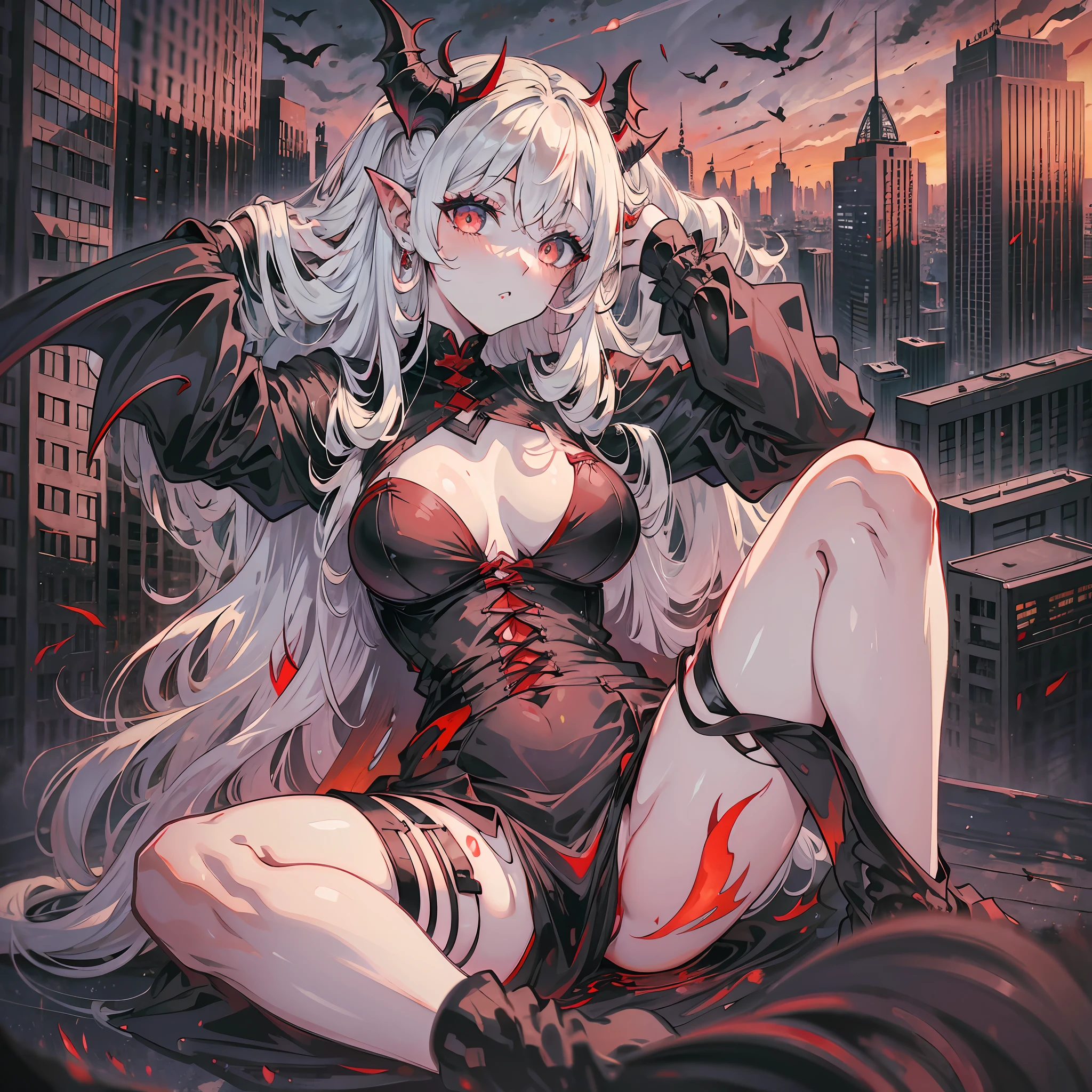 Succubus, red pupils, cute, white hair, curly hair, long hair, sitting on the ground, gothic style, barefoot, demon wings, big white legs, spread legs, expose inner thighs, sunset, city, dusk, panoramic lens (wide angle lens), dark, real, hd, less clothes --auto --s2