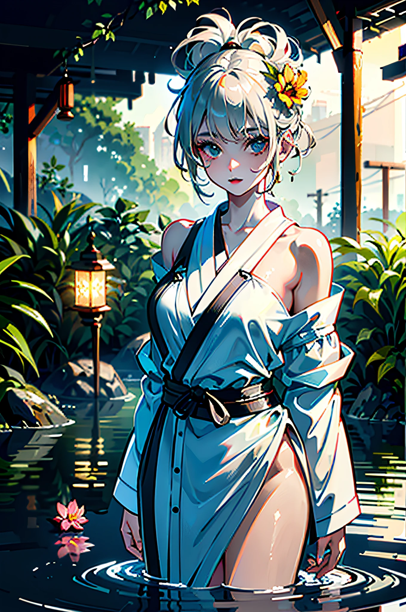 ((best quality)), ((ultra res)), ((photorealistic), (intricate details), 19 years old, gray hair, perfect face shape, makeup:1.5, face light, facial detail, naked, short hair,