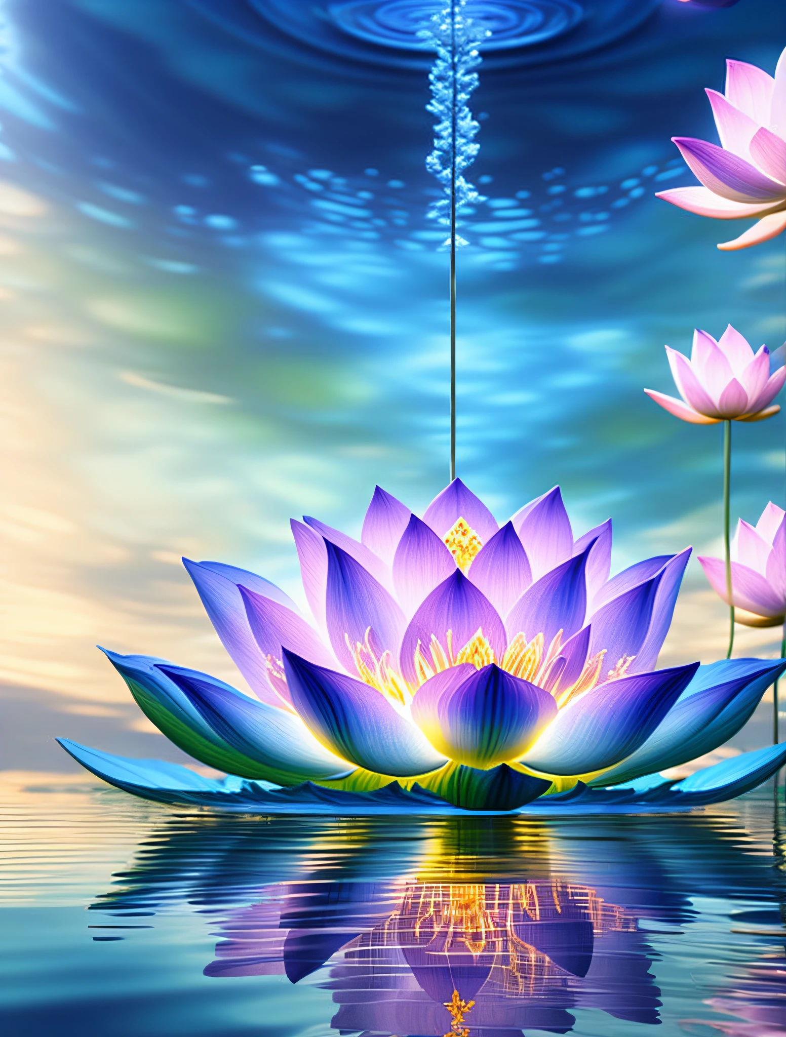 a multi elemental lotus flower on the water surface, highly detailed render, concept art, octane render, sunny mystical atmosphere Elemental flowers, 32k, cinema