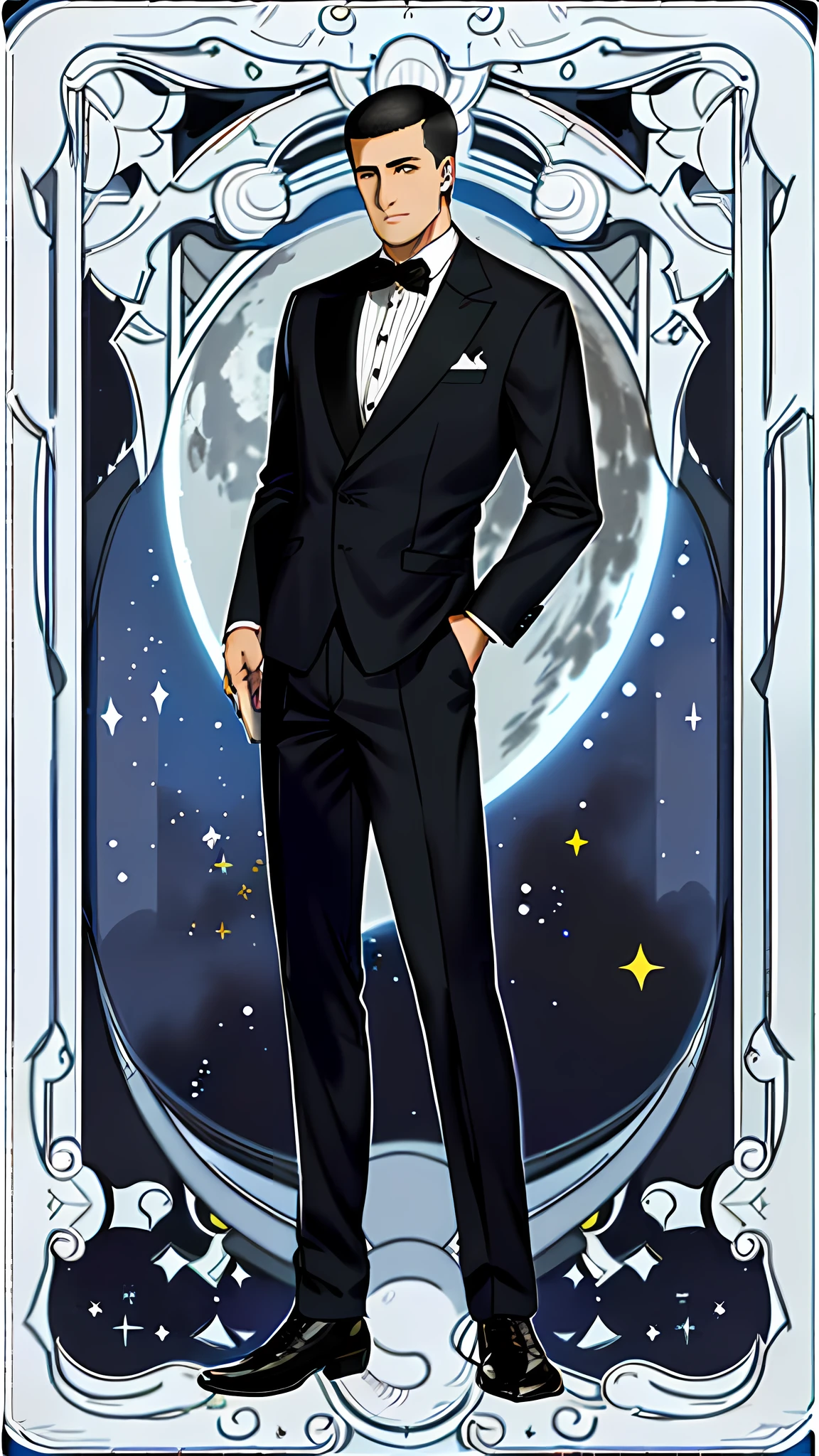 masterpiece, best quality, full body, card, 1 man, the moon, calm, clever, short hair, black hair,  brush cut, standing, blue, night sky, purple, book, pen, buzz cut, black suit, royal, gentle, man, center, best pose, technology, silver, detailed clothes, luxury, big guy