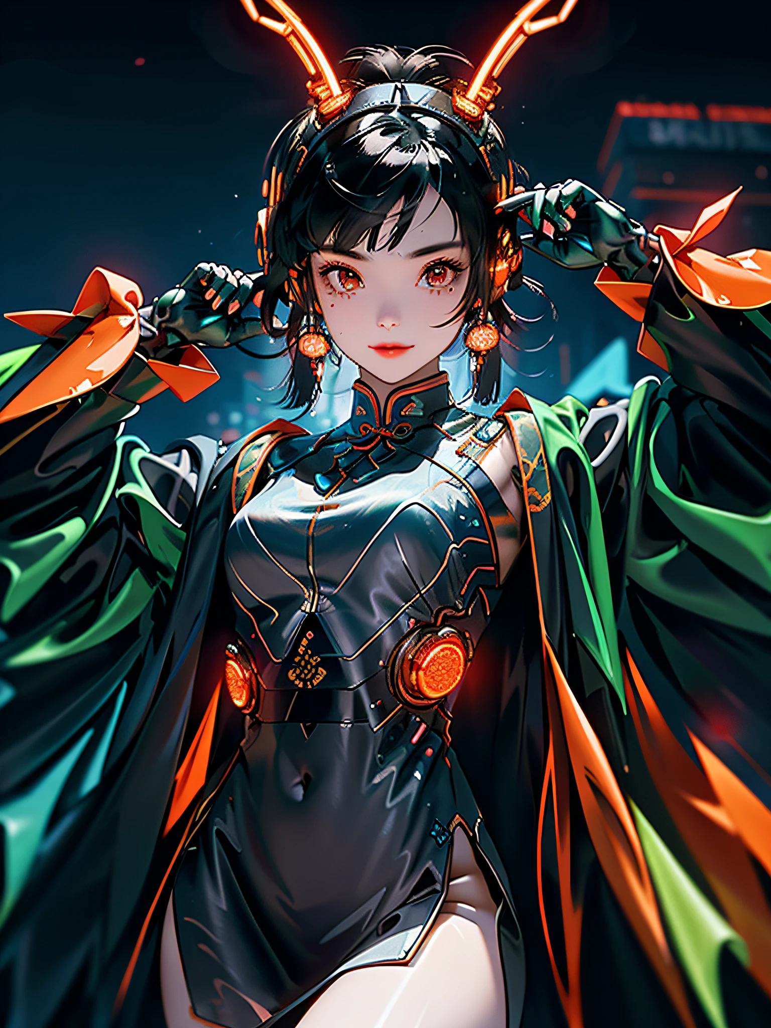1 girl, Chinese_clothes, metallic black titanium and orange, cyberhan, cheongsam, cyberpunk city, dynamic pose, detailed luminous headphones, glowing hair accessories, long hair, luminous earrings, glowing necklace, cyberpunk, high-tech city, full of mechanical and futuristic elements, futurism, technology, glowing neon, orange, orange light, fluorescent orange, skirt, cape, coat, laser, digital background, urban sky, big moon, with vehicle, best quality, masterpiece, 8K, Character edge light, super high detail, high quality, the most beautiful woman in human beings, smiling smiling, face facing front left and right symmetry, ear decoration, beautiful pupils, light effects, visual data, pick and dye orange, dye hair, super detail facial texture, happy and proud, weapon system, mecha style, crowded street passers-by, 7 avatars, infinite zoom, super light and shadow, various postures, long hair flowing, wear luminous goggles, windproof goggles, luminous dragon horn antenna