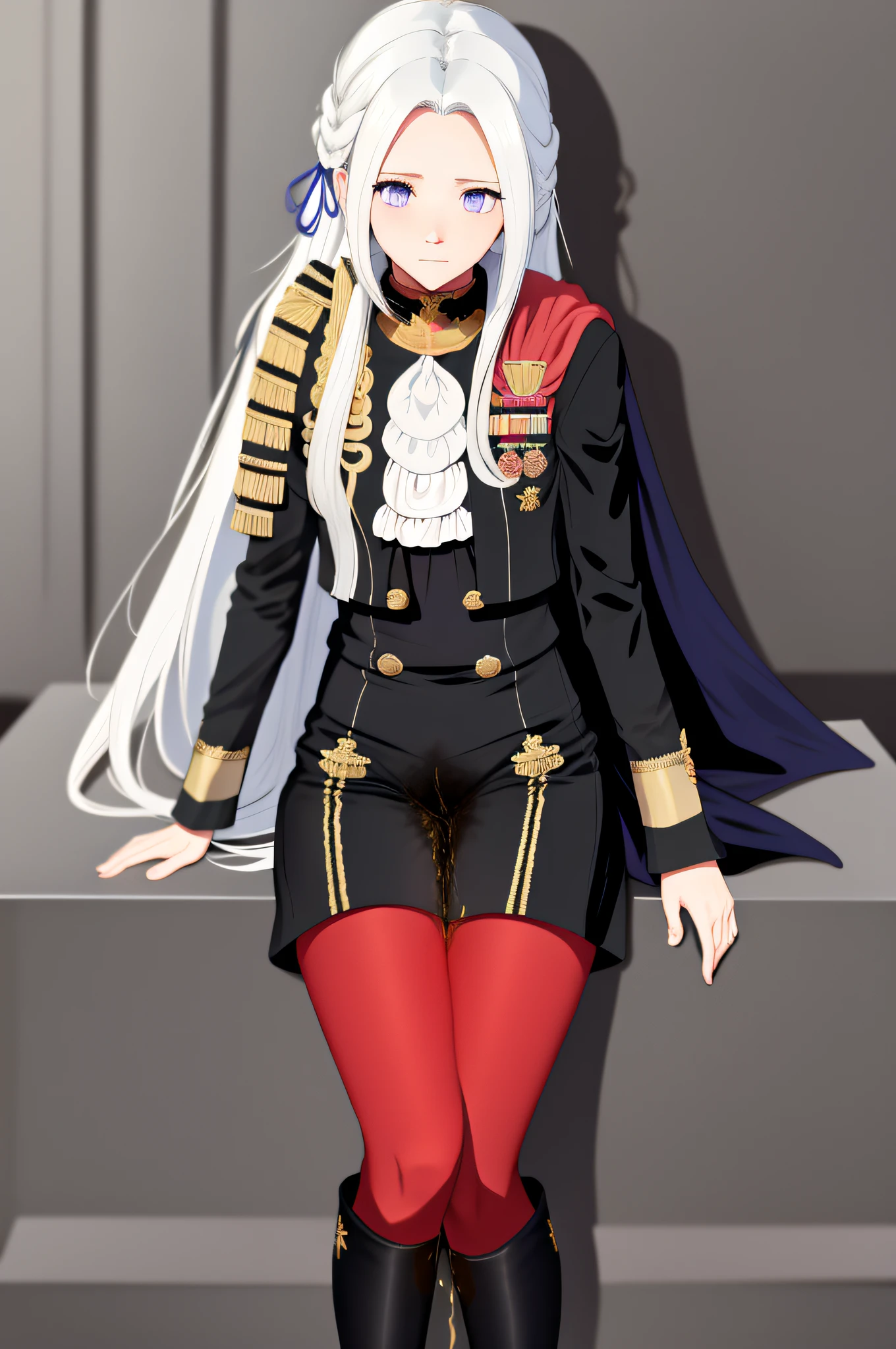 masterpiece, best quality, edelgard_academy, hair ribbon, black jacket, black dress, ascot, red cape, red pantyhose, white gloves, indoors, sitting in classroom, desk, holding pen, shy, embarrassed, aroused, shocked, panicking, worried, peeing self, have to pee,