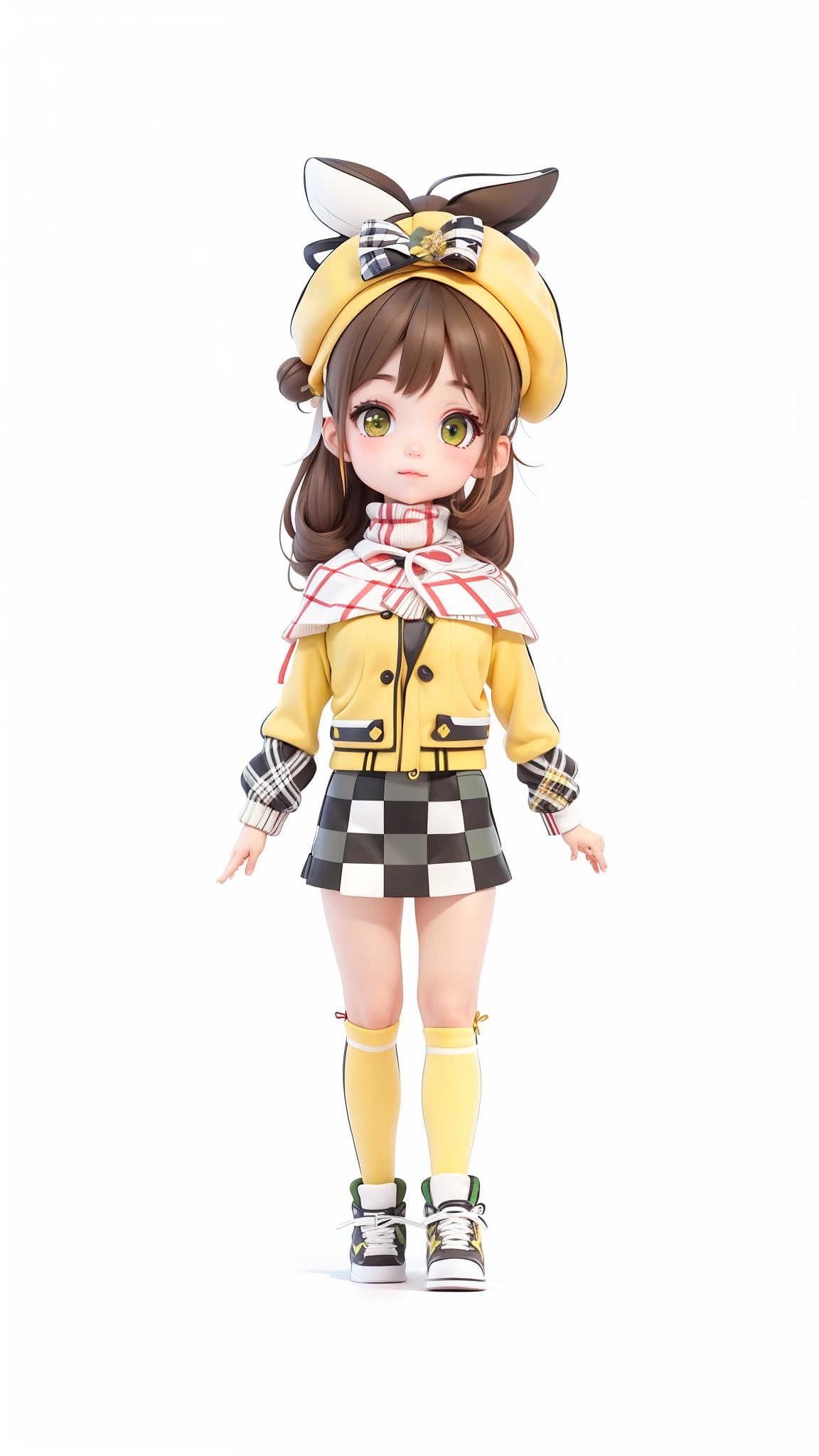 Cute double ponytail girl brown dull fur yellow beret yellow coat yellow socks black and white gray plaid skirt green sneakers D cups