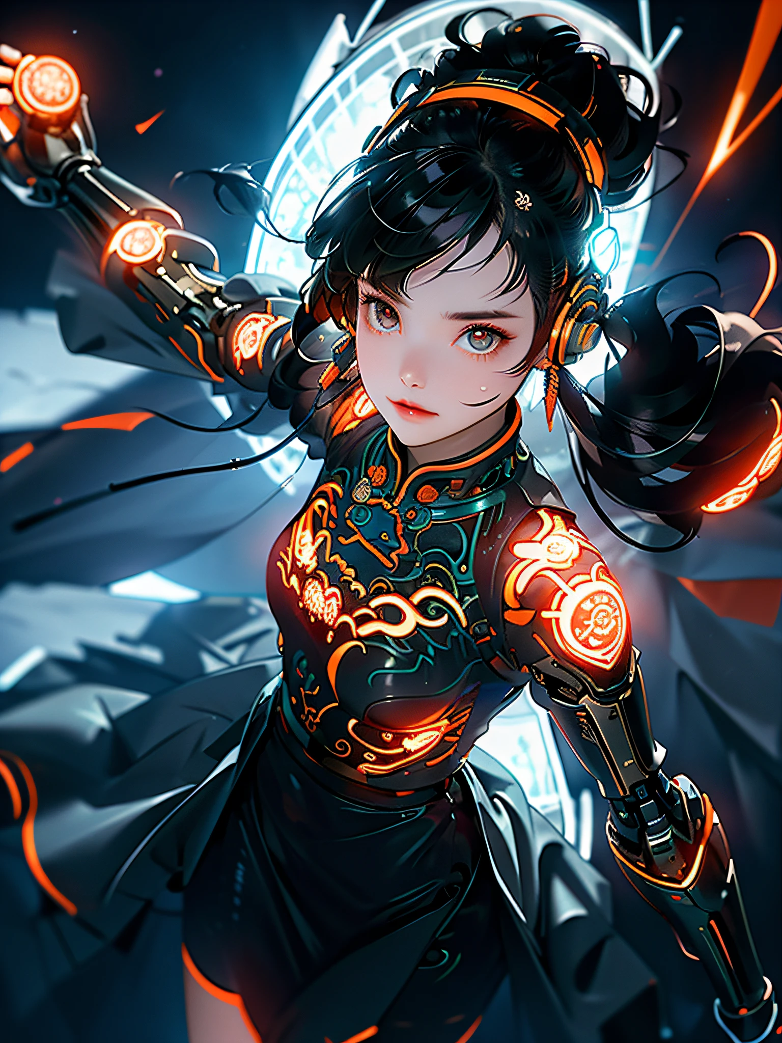 1 girl, Chinese_clothes, metallic black titanium and orange, cyberhan, cheongsam, cyberpunk city, dynamic pose, detailed luminous headphones, glowing hair accessories, long hair, luminous earrings, glowing necklace, cyberpunk, high-tech city, full of mechanical and futuristic elements, futurism, technology, glowing neon, orange, orange light, fluorescent orange, skirt, cape, coat, laser, digital background, urban sky, big moon, with vehicle, best quality, masterpiece, 8K, Character edge light, super high detail, high quality, the most beautiful woman in human beings, slight smile, face facing front left and right symmetry, ear decoration, beautiful pupils, light special effects, visual data, pick and dye orange, dye hair, super detail facial texture, happy, weapon system, mecha style, crowded street passers-by, 7 avatars into the camera, infinite zoom, super light and shadow, various poses, long hair flowing