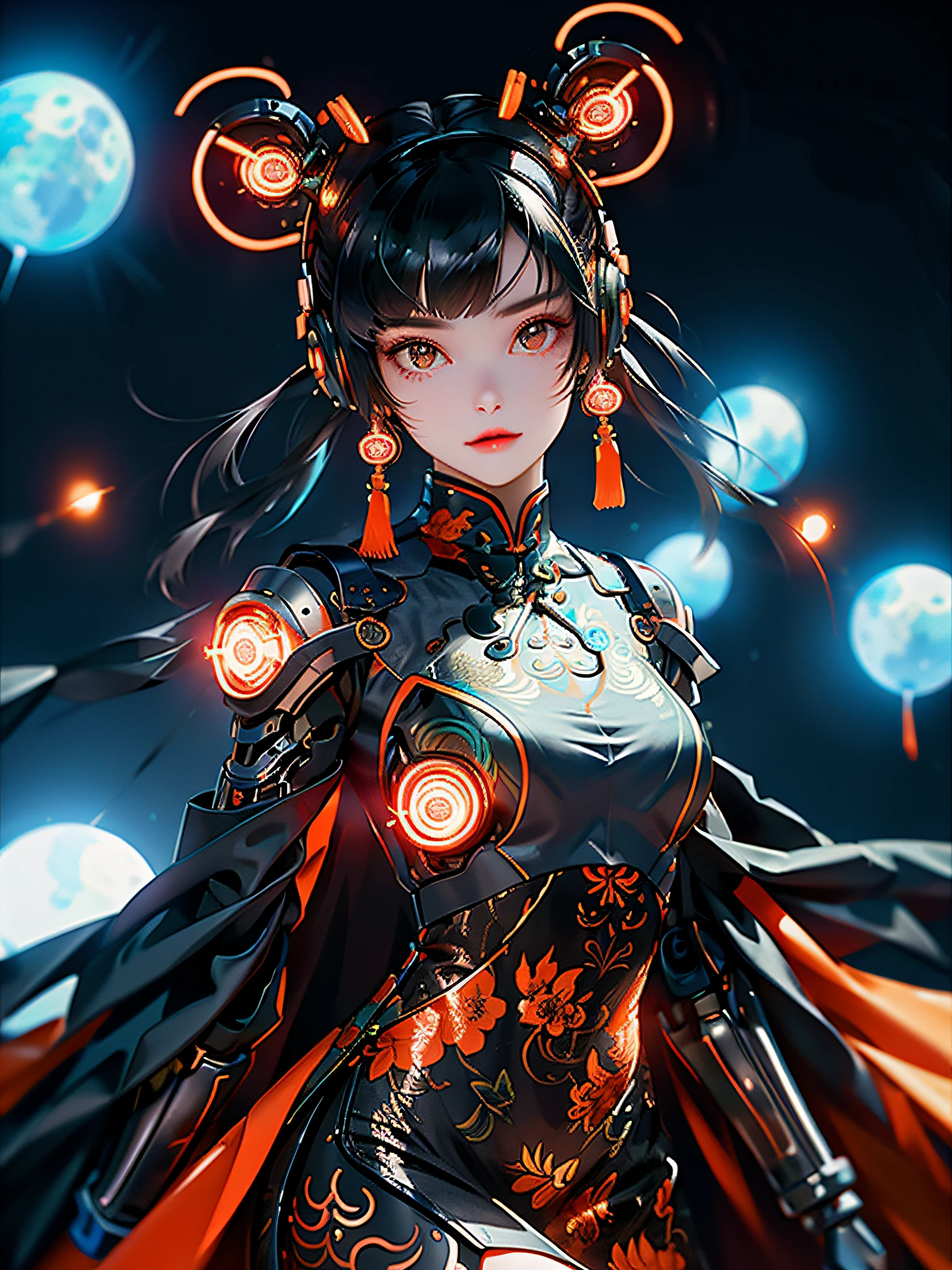 1 girl, Chinese_clothes, metallic black titanium and orange, cyberhan, cheongsam, cyberpunk city, dynamic pose, detailed luminous headphones, glowing hair accessories, long hair, luminous earrings, glowing necklace, cyberpunk, high-tech city, full of mechanical and futuristic elements, futurism, technology, glowing neon, orange, orange light, fluorescent orange, skirt, cape, coat, laser, digital background, urban sky, big moon, with vehicle, best quality, masterpiece, 8K, Character edge light, super high detail, high quality, the most beautiful woman in human beings, slight smile, face facing front left and right symmetry, ear decoration, beautiful pupils, light special effects, visual data, pick and dye orange, dye hair, super detail facial texture, happy, weapon system, mecha style, crowded street passers-by, 7 avatars into the camera, infinite zoom, super light and shadow, various poses, long hair flowing