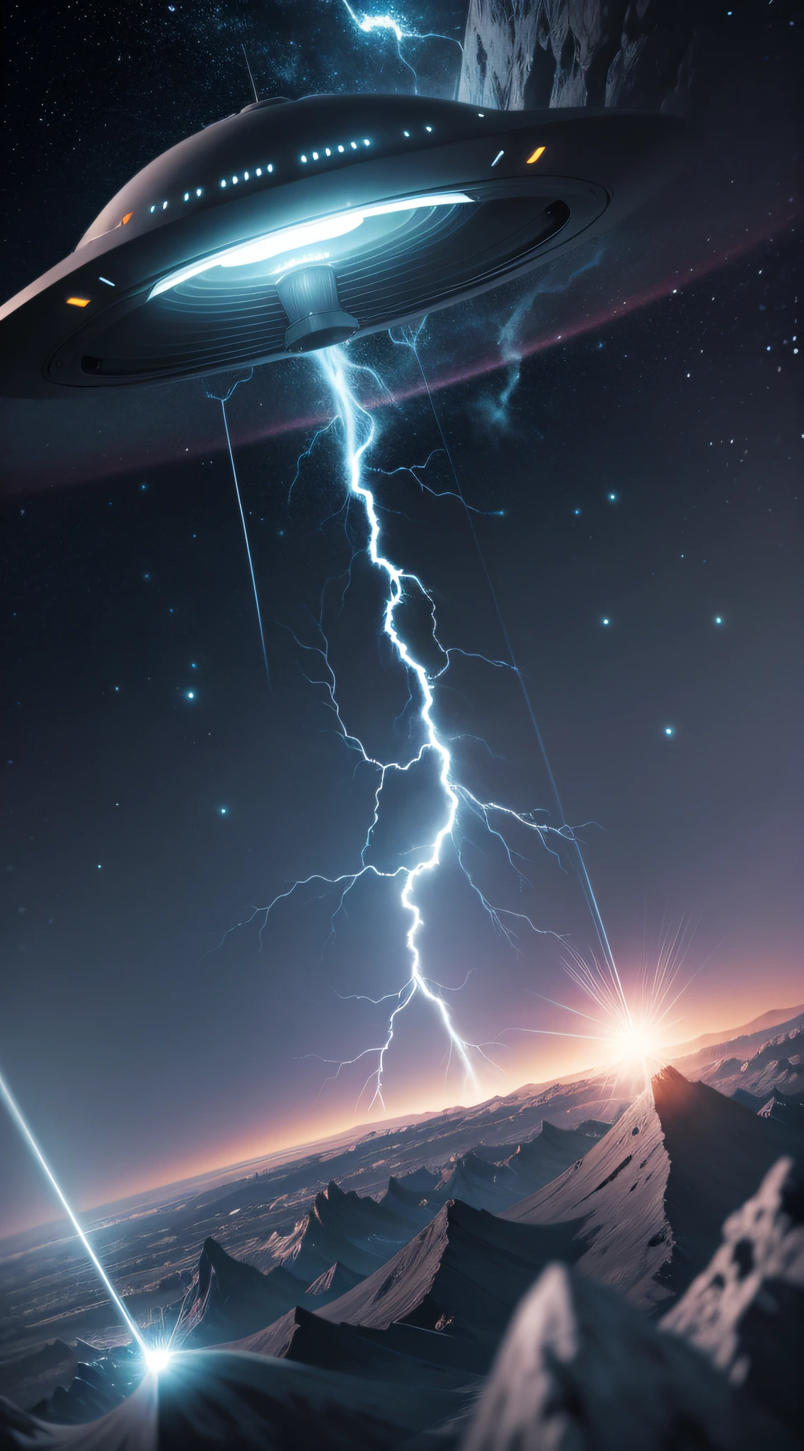 there is a large gray alien with a lightning bolt coming out of it, ufo, ufo aliens, aliens invading earth, ufology, ufos, extraterrestial, ufo attack, aliens, extraterrestrial, aliens in the background, alien invasion, grey aliens, grey alien, extraterrestrials, ufo abduction, alien technology, et --auto --s2