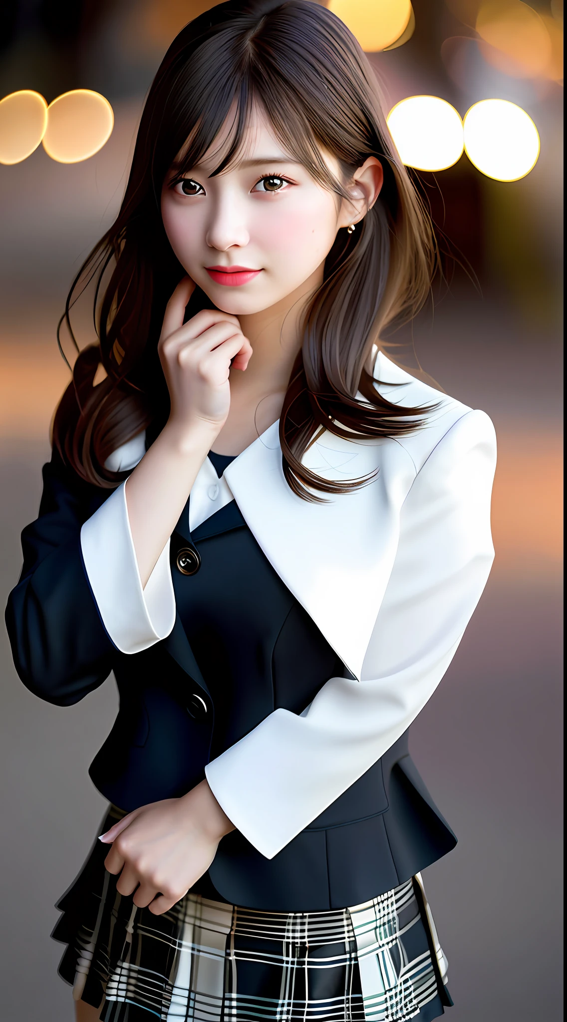 best quality, masterpiece, 1girl, Beautiful face, (photo realistic:1.3), rim lighting, (high detailed skin:1.2), 8k uhd, dslr, high quality, high resolution, 4k, 8k, Bokeh,  absurdres, best ratio four finger and one thumb, (realistic:1.3), cute 1girl, wearing black formal blazer, medium breasts, short skirt,