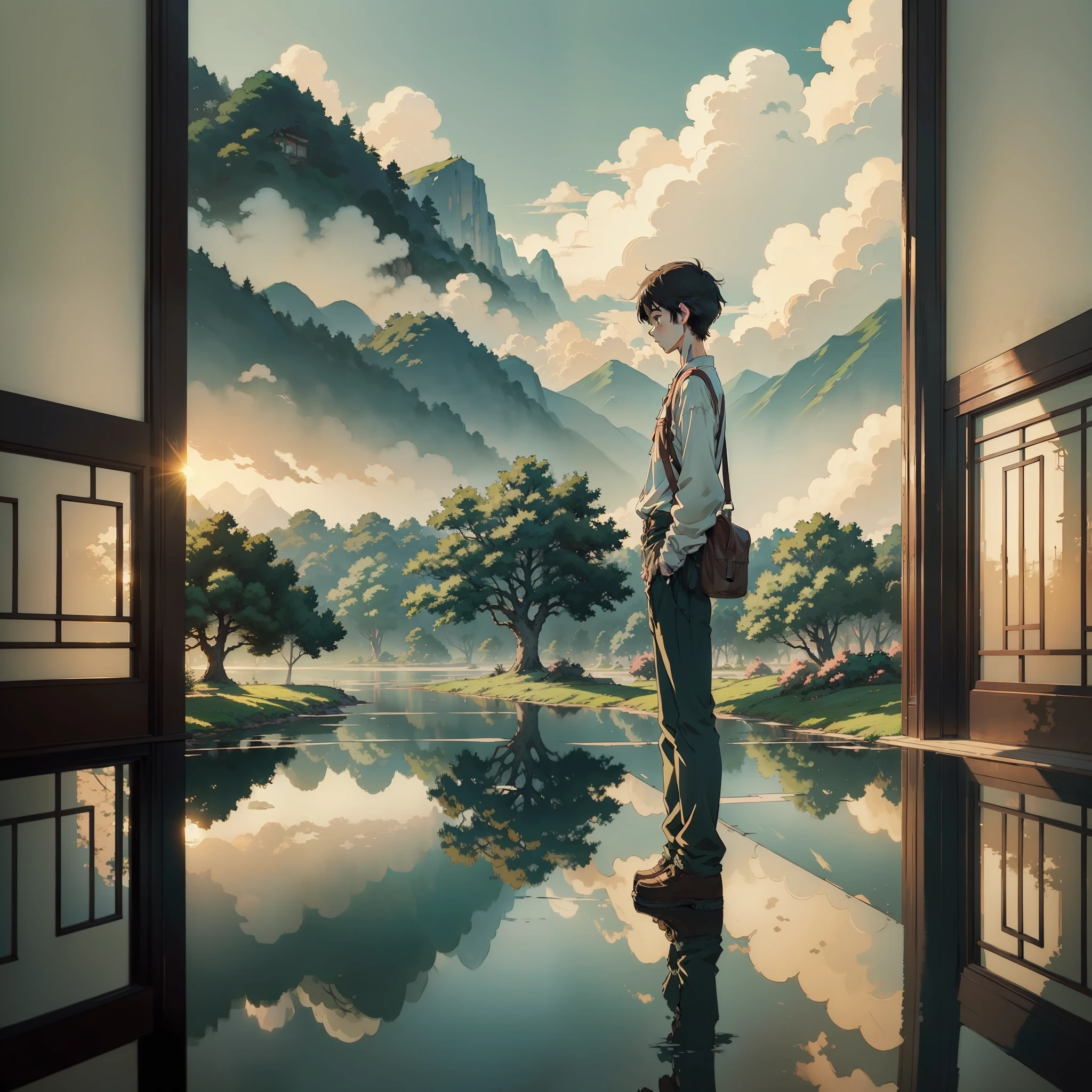 High quality masterpiece, lofi art style, chinoiserie, antique, reflection. by Makoto Shinkai, lofi art, Beautiful anime scene, Anime landscape, detailed scenery —width 672, in style of Makoto shinkai, style of Makoto shinkai, enhanced details.