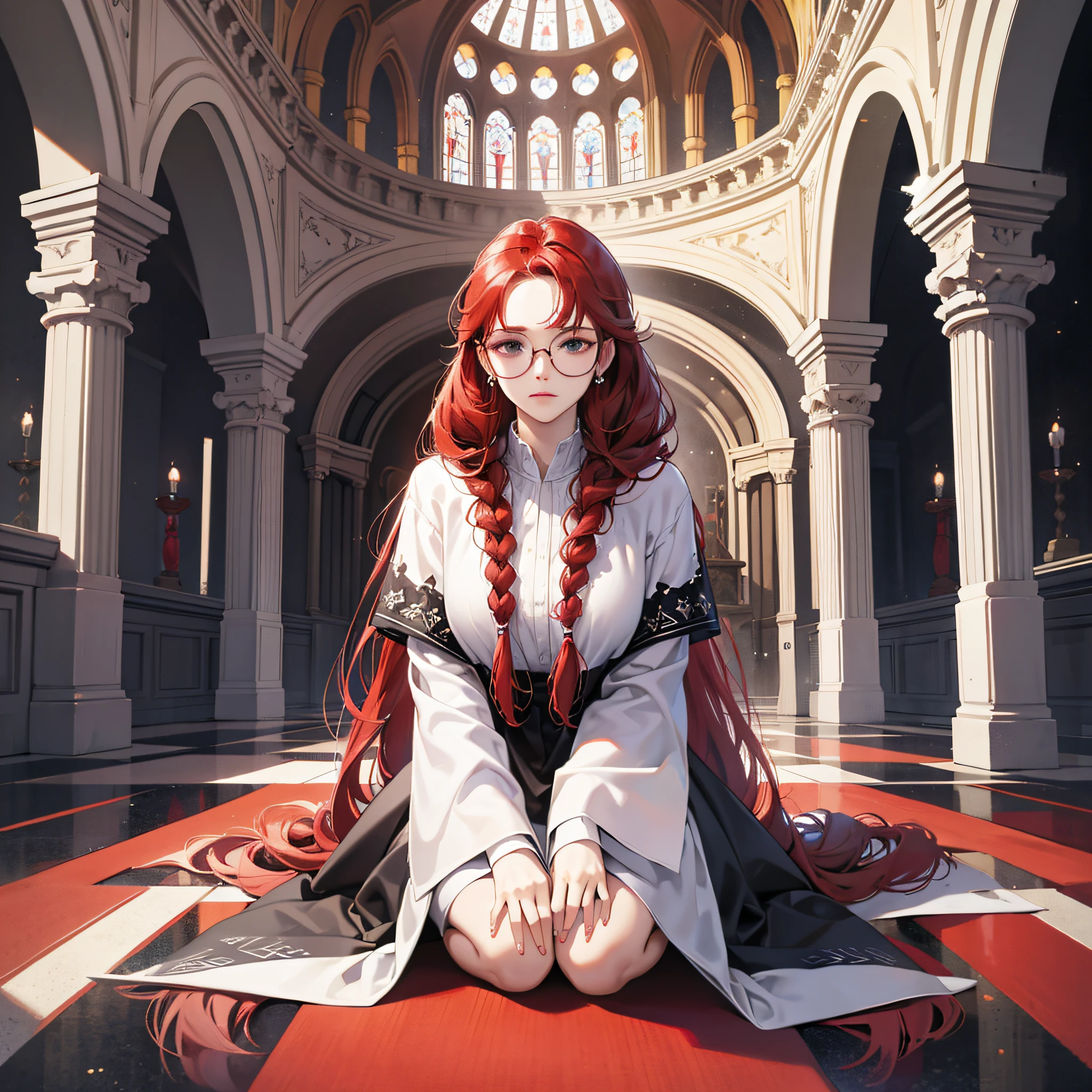 Virgin, holy, kneeling in prayer, twisted braids, long black silk legs, black glasses, white clothes, red hair --auto --s2