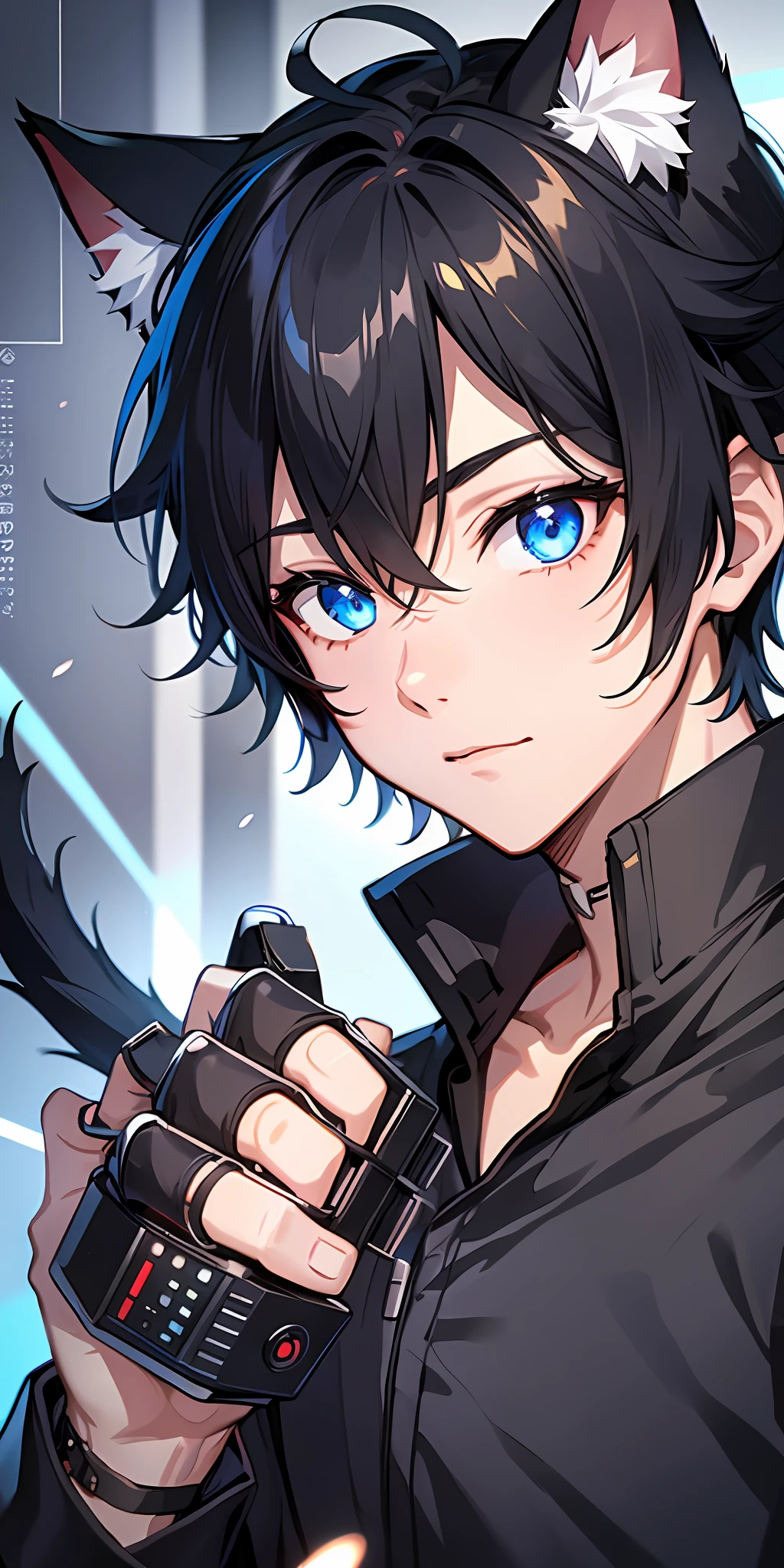 1boy, black hair, cat ears, cat tail, catboy, neko, black soldier uniform, radio, bright blue eyes