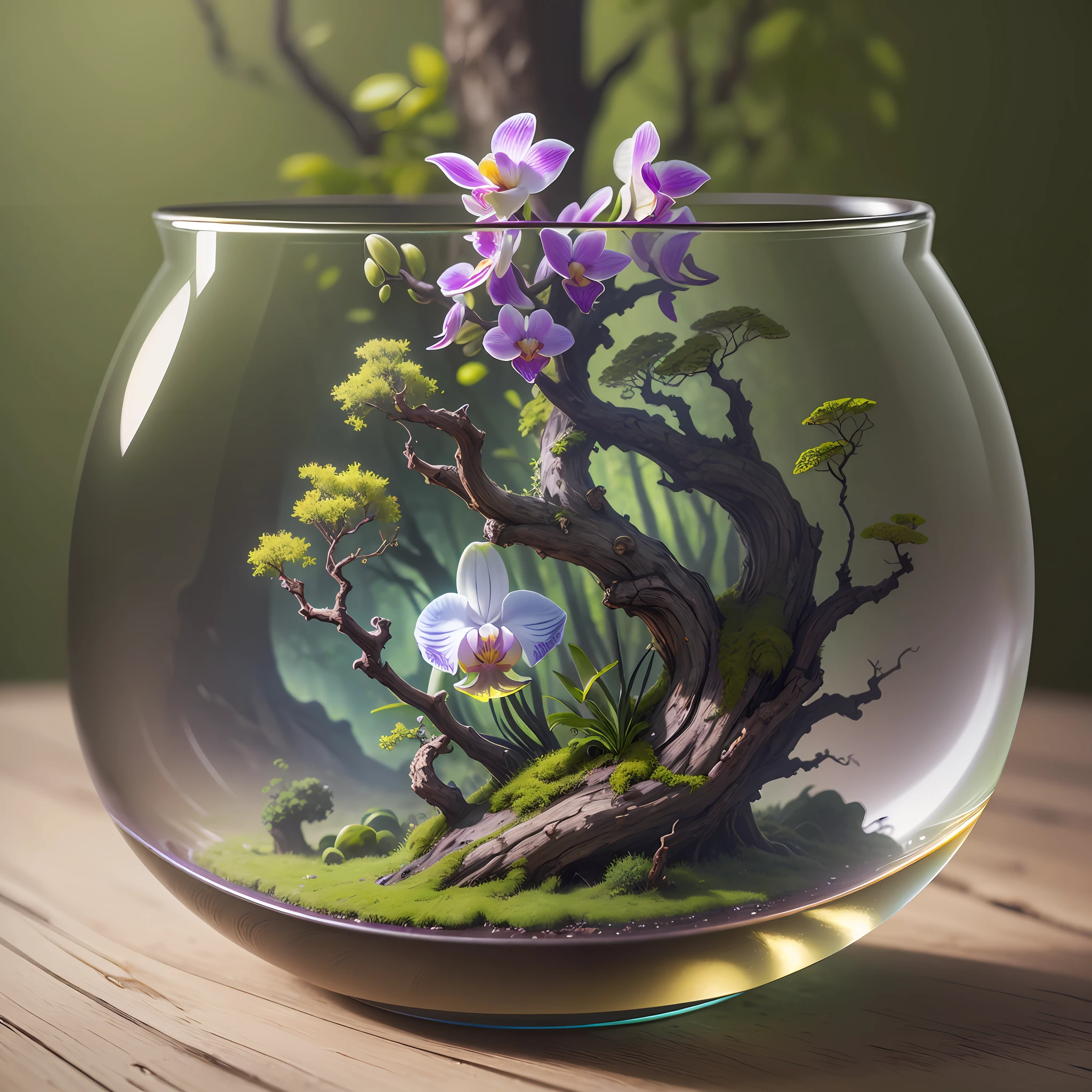 Computer Rendered Graphics, Realistic Fantasy, Extensive Landscape Ultrasound Photography (general view showing a glass glass, an orchid inside, roots, a tree, moss), blurred background, gloomy, yellow, green, purple, "Hyper-realistic textures," "Precise details," "Realistic still life," "Realistic portraits," "Realistic landscapes."