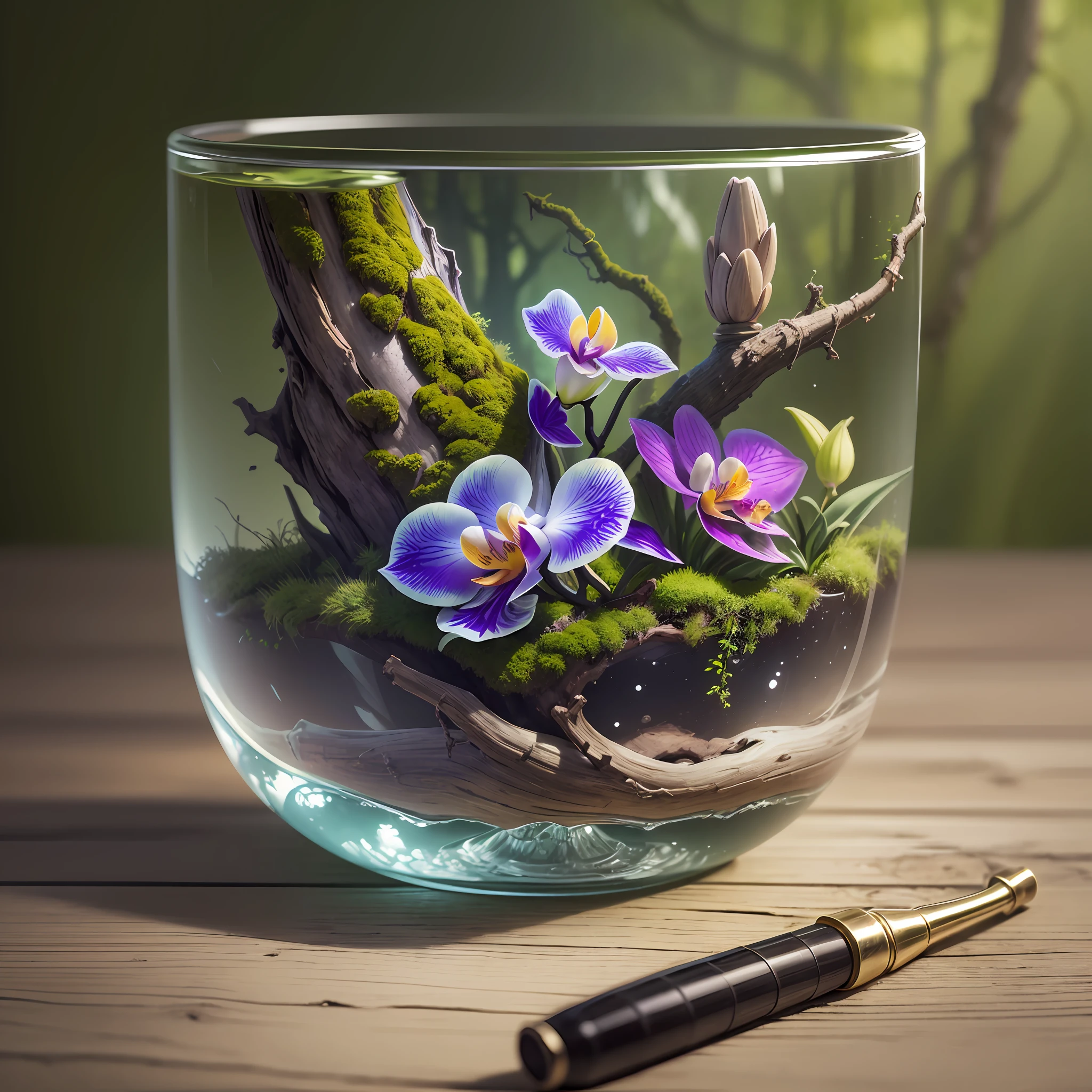 Computer Rendered Graphics, Realistic Fantasy, Extensive Landscape Ultrasound Photography (general view showing a glass glass, an orchid inside, roots, a tree, moss), blurred background, gloomy, yellow, green, purple, "Hyper-realistic textures," "Precise details," "Realistic still life," "Realistic portraits," "Realistic landscapes."