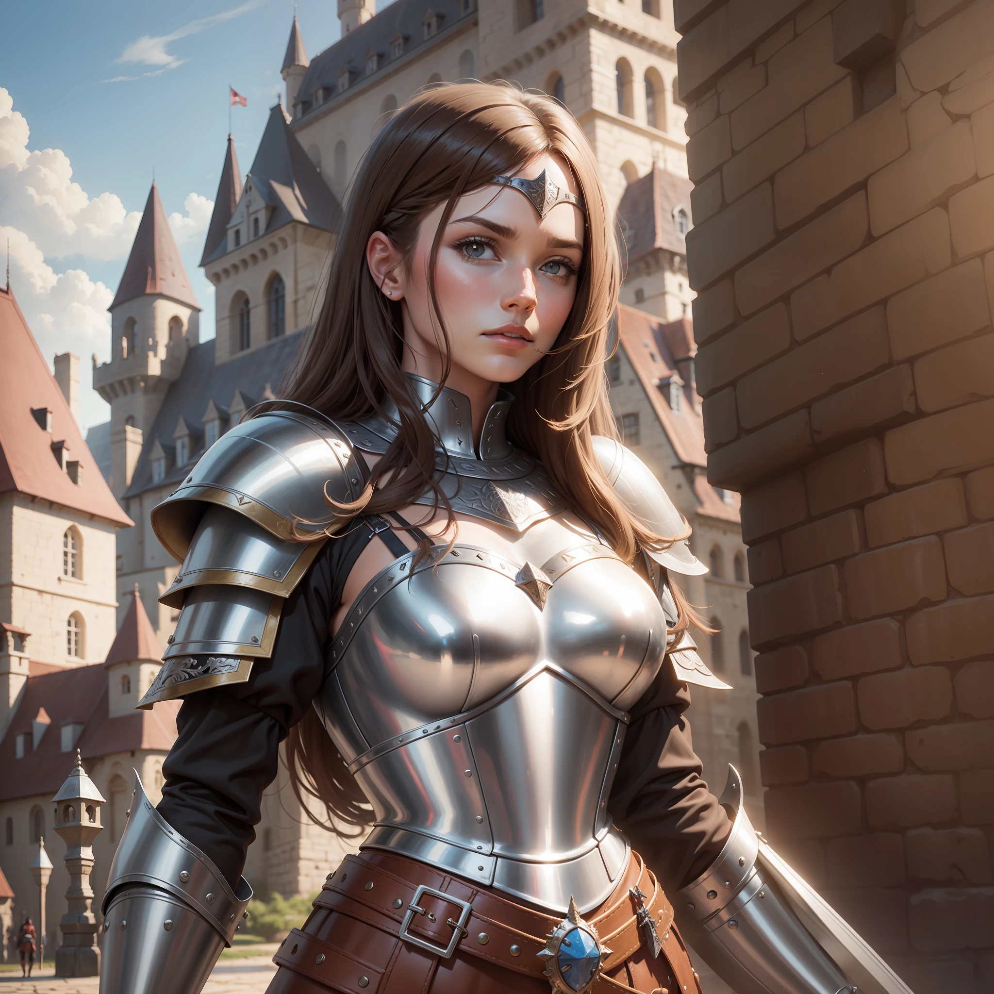 A medieval warrior, medieval armor, woman, castle in the background, brown hair