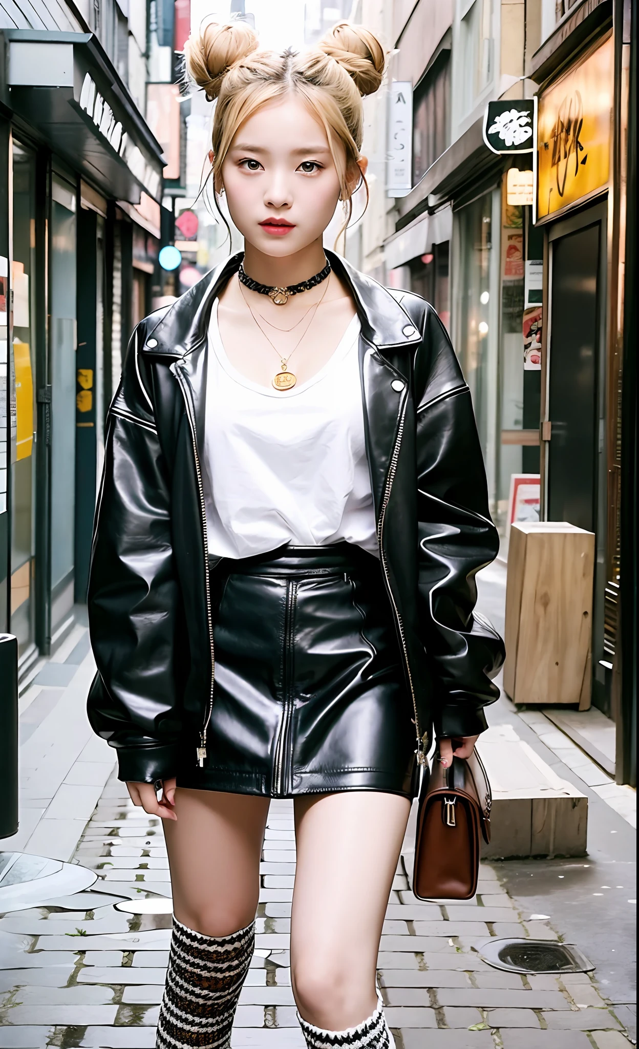 The scenery is a street lined with clothes stores. Meanwhile, a young girl is standing. She is fully coordinated in a Vivienne Westwood garment. On their feet, they wear short socks and leather shoes with thick soles. She wears a Vivienne Westwood orb necklace around her neck. The chest is large. Her hairstyle is blonde bun hair. The girl looks around with an inquisitive expression. With details that are exquisitely reproduced down to the smallest detail, please express her expression and even the texture of the fabric of the clothes. In the highest quality, draw a full-length picture of her as a fashionable, fashion snap model.