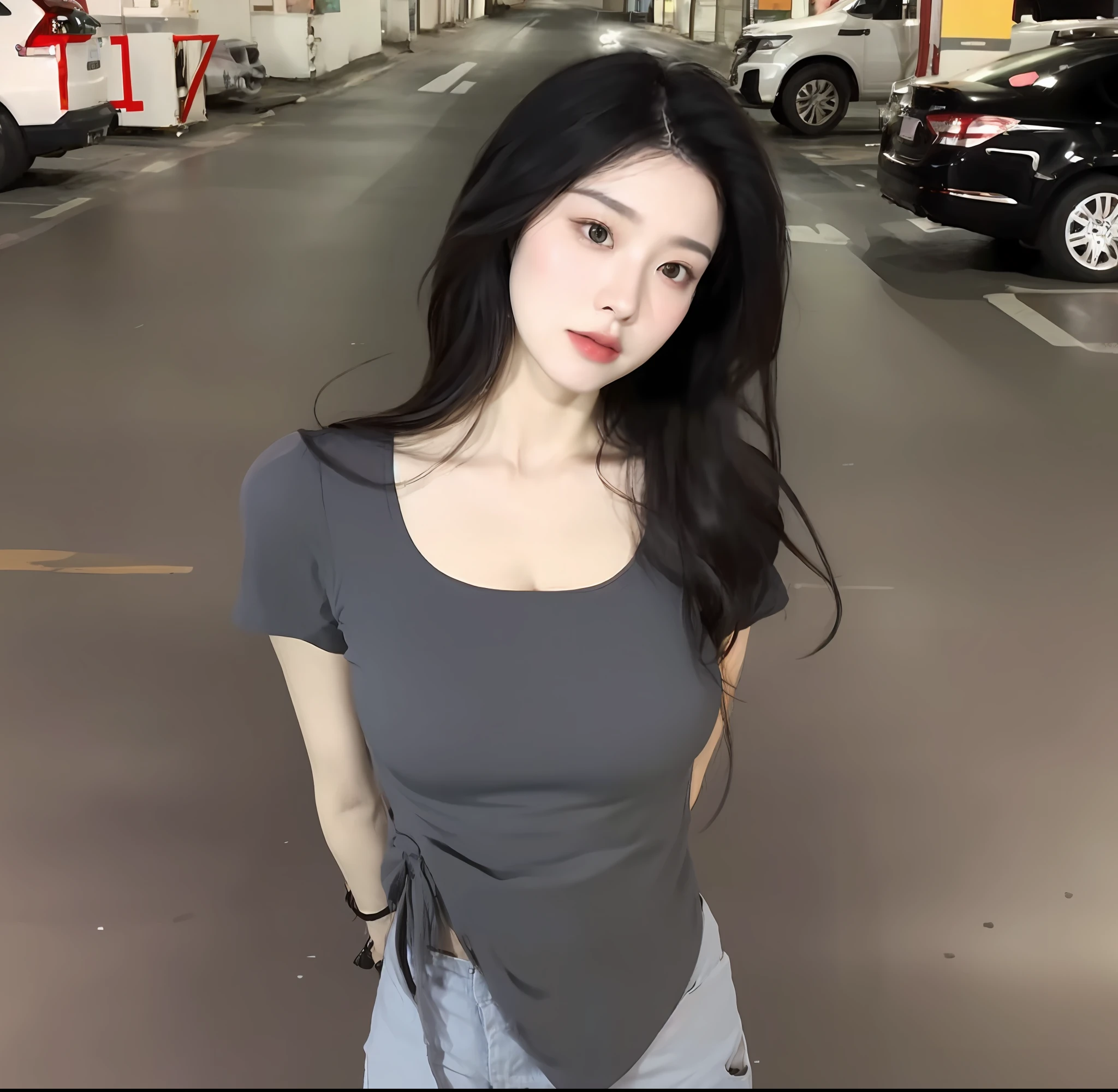((Best Quality, 8K, Masterpiece: 1.3)), (Flower Cap: 1.3), Focus: 1.2, Perfect Body Beauty: 1.4, Buttocks: 1.2, (Layered Haircut: 1.2)), (Dark Street: 1.3), Highly detailed face and skin texture, Full body, Fine eyes, Double eyelids, Whitened skin, Long hair, (Round face: 1.5), (Loose crop top, Shorts: 1.6) cleavage protruding pleated skirt Big breasts leaking long legs