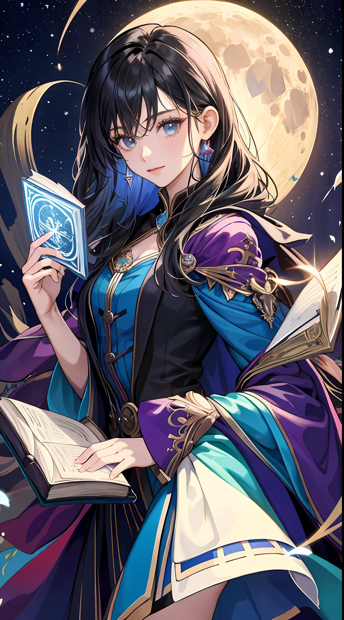 A girl, 18 years old, dressed in a magician costume and holding a magic book in her hand, with the academy, moon, colorful details, dreamy, magical