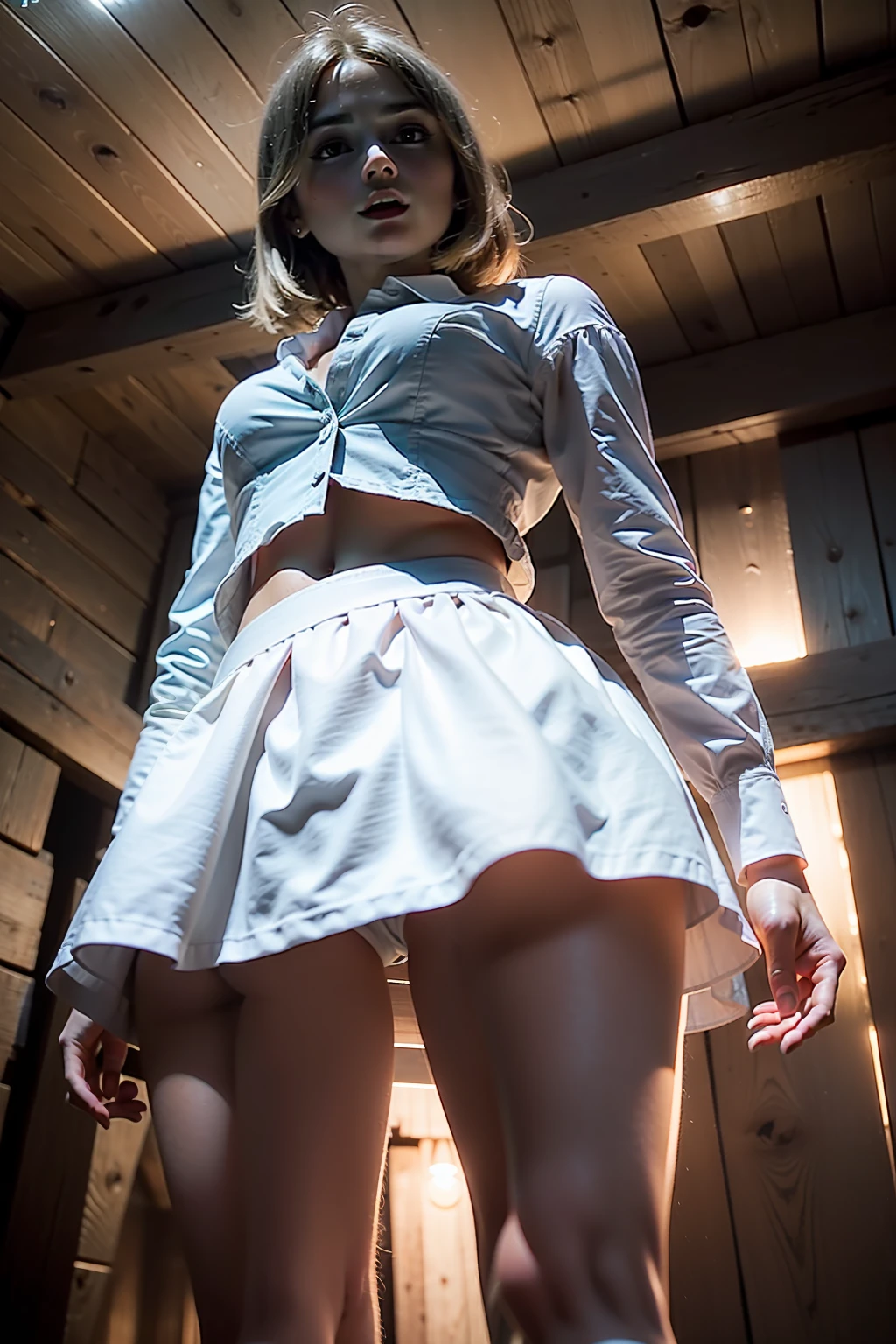((Jenna Coleman)), (very slender tall figure), standing in a dark barn, (small head), ((short skirt)), ((belly-free open white shirt)), cinematic lighting, 8K resolution, (perspective from the back below), ((focus on the little butt)), ((small butt)), ((Tight butt)), (whole body), white panty under the skirt