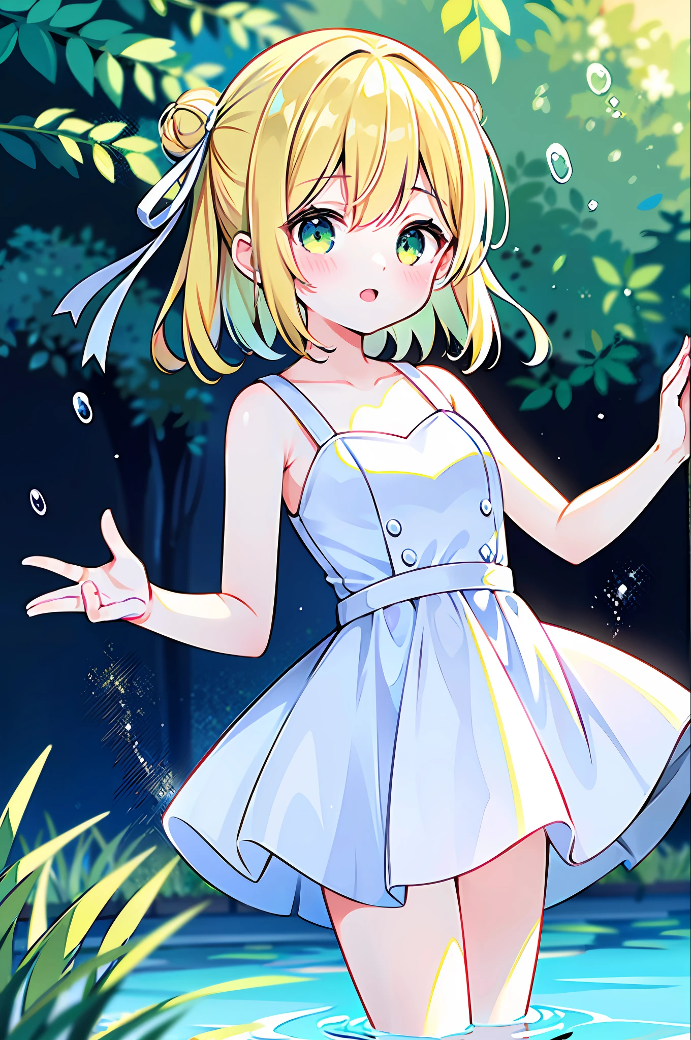 Top quality, super high resolution, single girl, toddler figure (short hair, blonde hair, light green eyes splashing outside), white ribbon on both heads, sleeveless dress