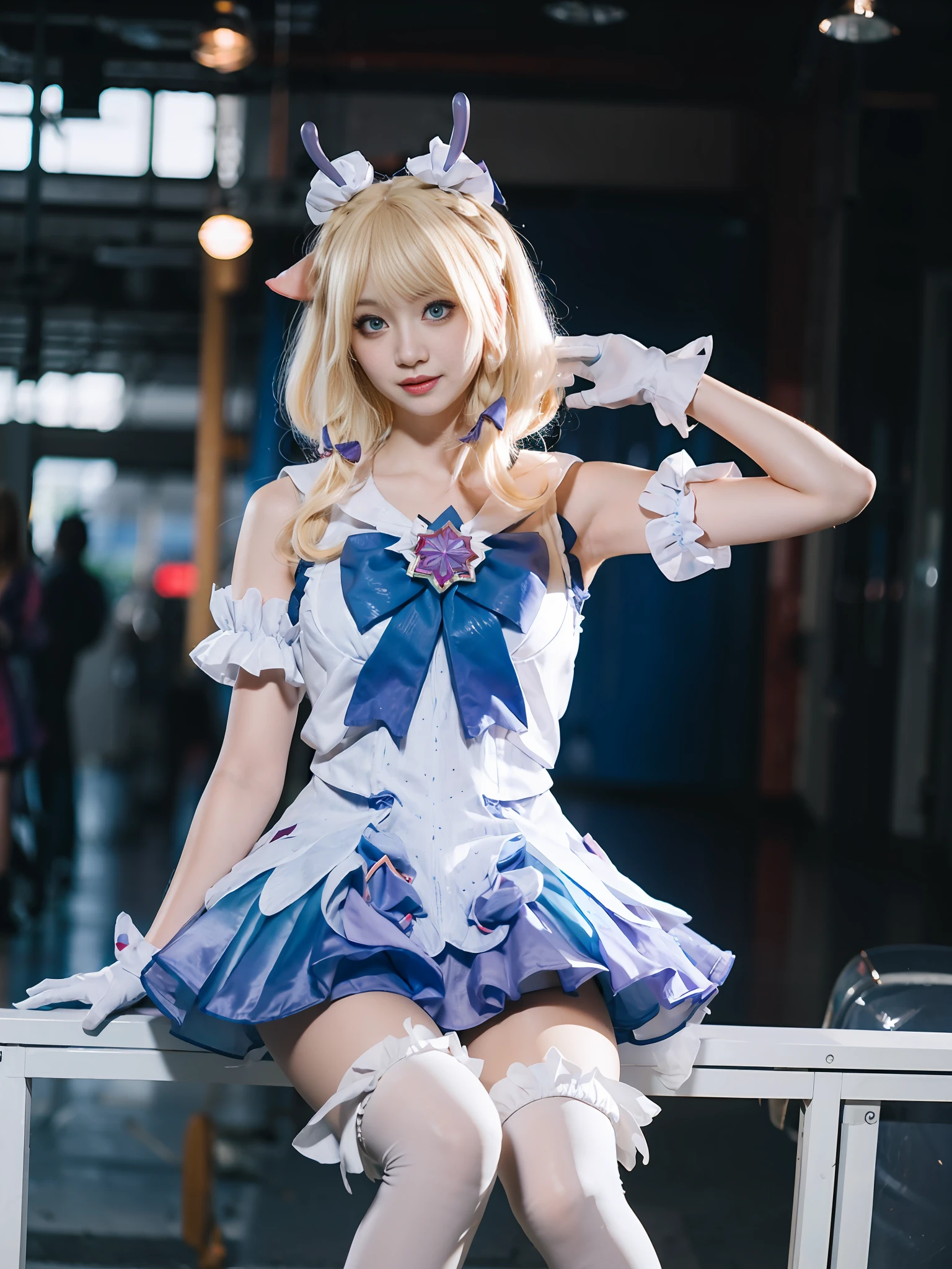 blurry,depth_of_field,blurry_background,blurry_foreground,blonde_hair,white_gloves,dress,blue_eyes.thighhighs