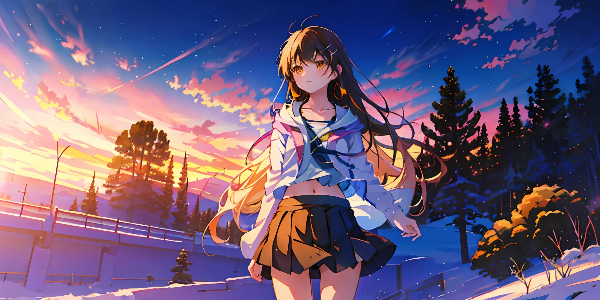 girl standing on snowy field with the sky in the background， (((masterpiece: 1.5, best quality, high resolution: 1.3, super resolution, super detailed, ultra detailed:1.3, rich background:1.2))), ((far away)),((shiina mahiru, yellow eyes, floating hair, very long hair, blunt bangs, cute hairpin, crop top, oversized jacket, navel, miniskirt, white skirt, collarbone)), Cosmos Sky,, beautiful anime scene, Makoto Shinkai Cyril Rolando, anime art wallpaper 4k, anime art wallpaper 4k, anime sky, anime beautiful peaceful field, High resolution, pink sky, beautiful scene), (universe, train passing, magic realism, ((makoto shinkai style)) ::0.8), [art atmosphere, atmosphere:0.8, starry sky, hills, snow mountain , sparkling water, grass, trees, smoke, stars, low angle of view, specular light scattering, detail enhancement