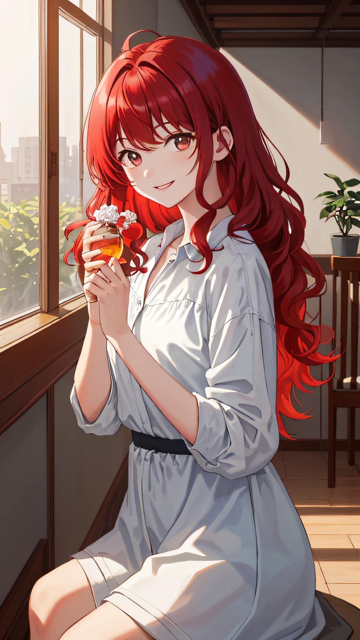 Looking at the viewer, (representative work: 1.4), (highest quality: 1.4), indoor, sitting, {long hair | short hair}, (wavy hair: 0.9), (happy face),
sunlight, shiny skin, red hair, {day|dawn|night|molnig},