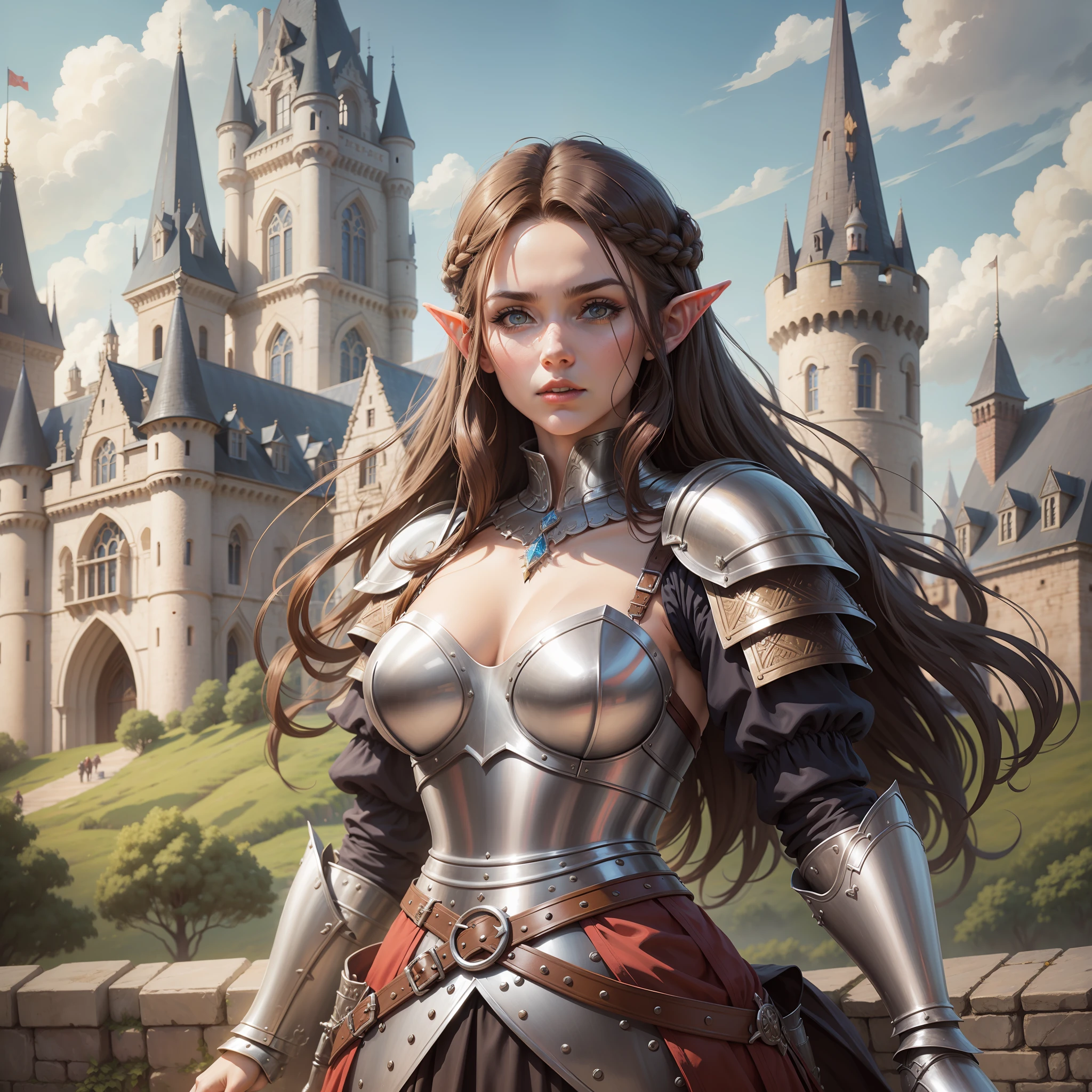 A medieval warrior, medieval armor, woman, castle in the background, brown hair, elf
