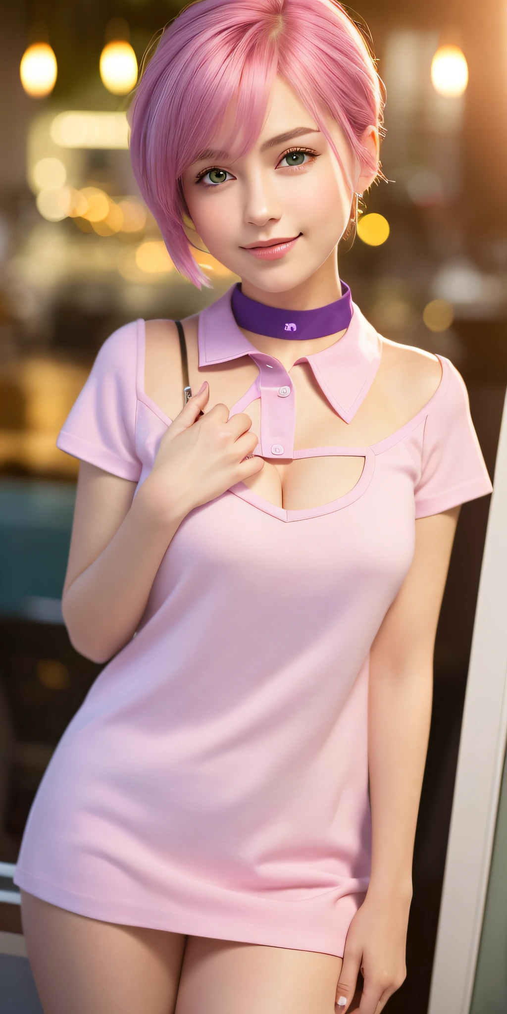 (K, UHD, Top Quality, Masterpiece: 1.2), (Realistic, Photorealistic: 1.37), Super Detailed, Girl 1 Person, Cute, Solo, Beautiful Detailed Sky, Detailed Cafe, Night, Date, (Blush), (Smile: 1.15), (Closed Mouth) Big, Cat-like Face, Beautiful Fine Eyes, (Shirt with Collar: 1.1), Night, Office Clothes, White Lace, (Short Hair: 1.2), ( pink hair, purple eyes), floating hair NovaFrogStyle, topless,