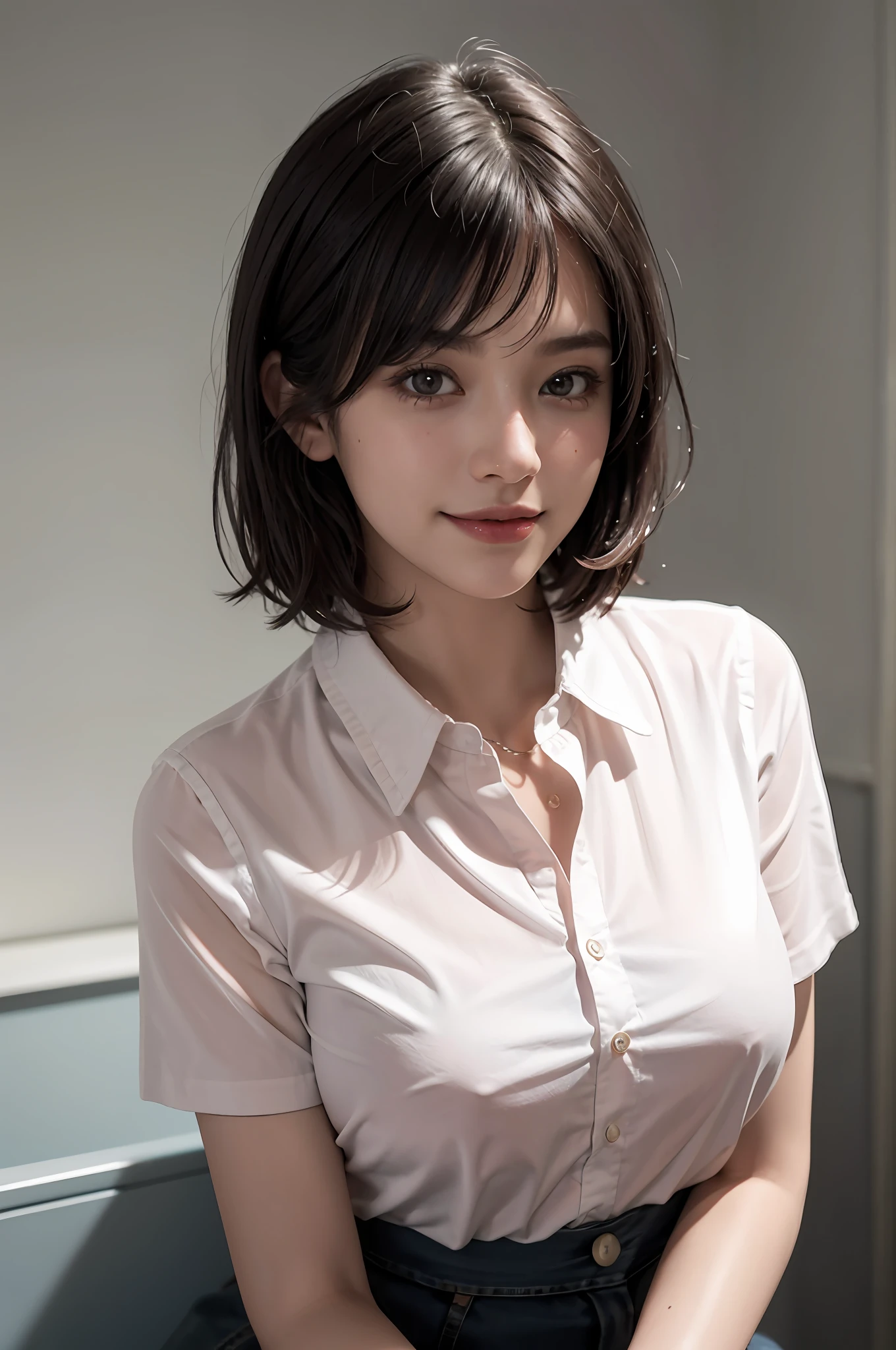 (8k, top quality, masterpiece: 1.2), (realistic, photorealistic: 1.37), super detailed, girl single, cute, solo, sitting, dating, (blush), (smile: 1.15), (closed mouth), big breasts, gaze staring at camera, breast staring at camera, fine beautiful eyes, large round eyes, clear double eyelids, eyelashes, (shirt with collar: 1.1), wet, office clothesNovaFrogStyle, white lace, (short hair: 1.2), floating hairNovaFrogStyle, topless, bangs, long neck, happy smile, mouth closed, pretty face, realistic skin tone, realistic texture, unbutton, light pink lip, really nothing background, really pure white background, 18 years old, high school student, no shadows on face