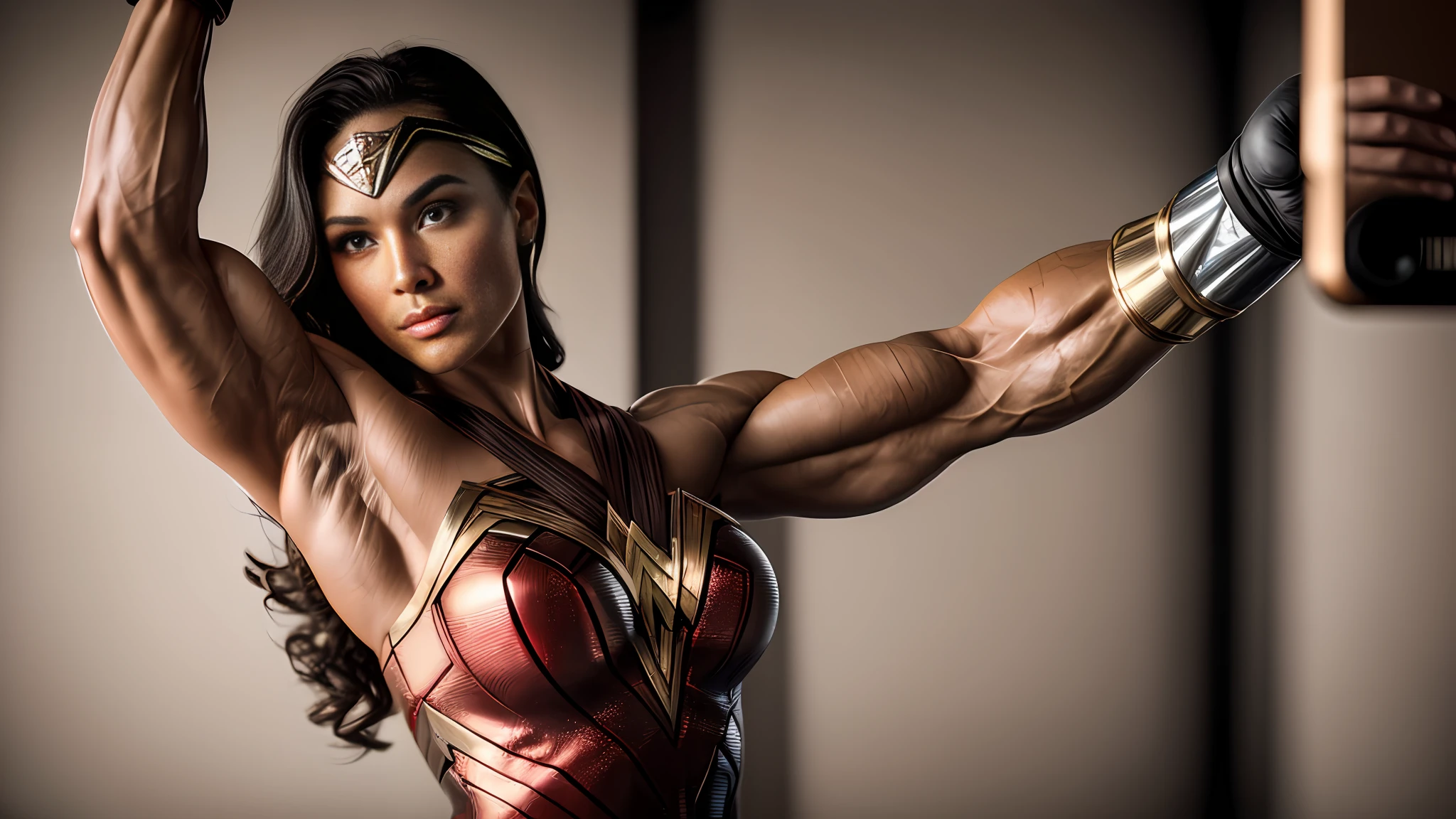 Wonder Woman bodybuilder, muscular, super strong,((upper body selfie, happy)), masterpiece, best quality, ultra-detailed, solo, gym, analog style (look at viewer:1.2) (skin texture) (film grain:1.3), (warm hue, warm tone) :1.2), close up, cinematic light, sidelighting, ultra high res, best shadow, RAW, upper body