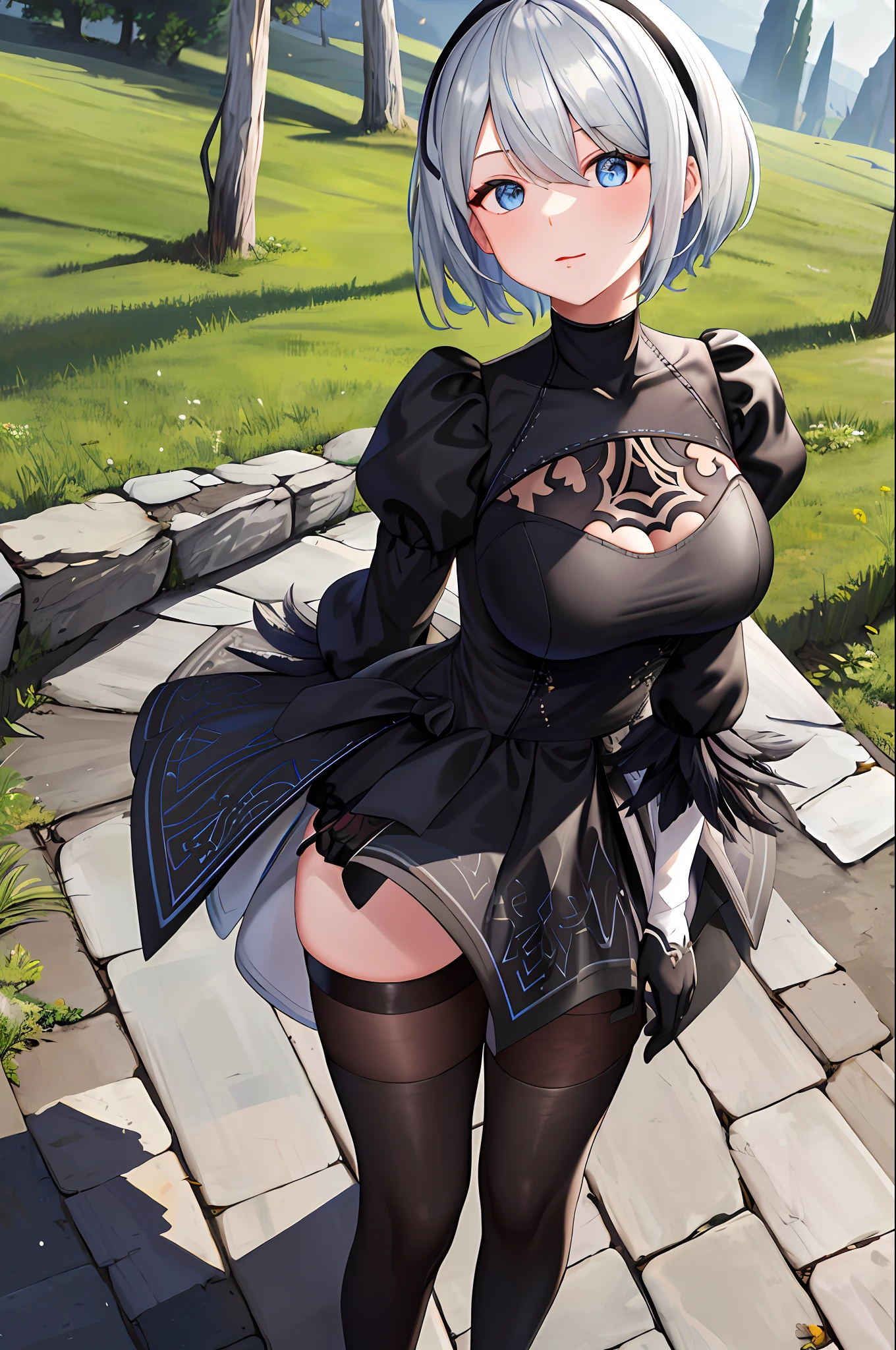 masterpiece, best quality, highres, hm2b, blue eyes, mole under mouth, clothes cutout, long sleeves, puffed sleeves, juliet sleeves, feather ornaments, black thighs, black gloves, black dress, black skirt, cowboy photo, standing, raised skirt, black panties, flushed nose, outdoor