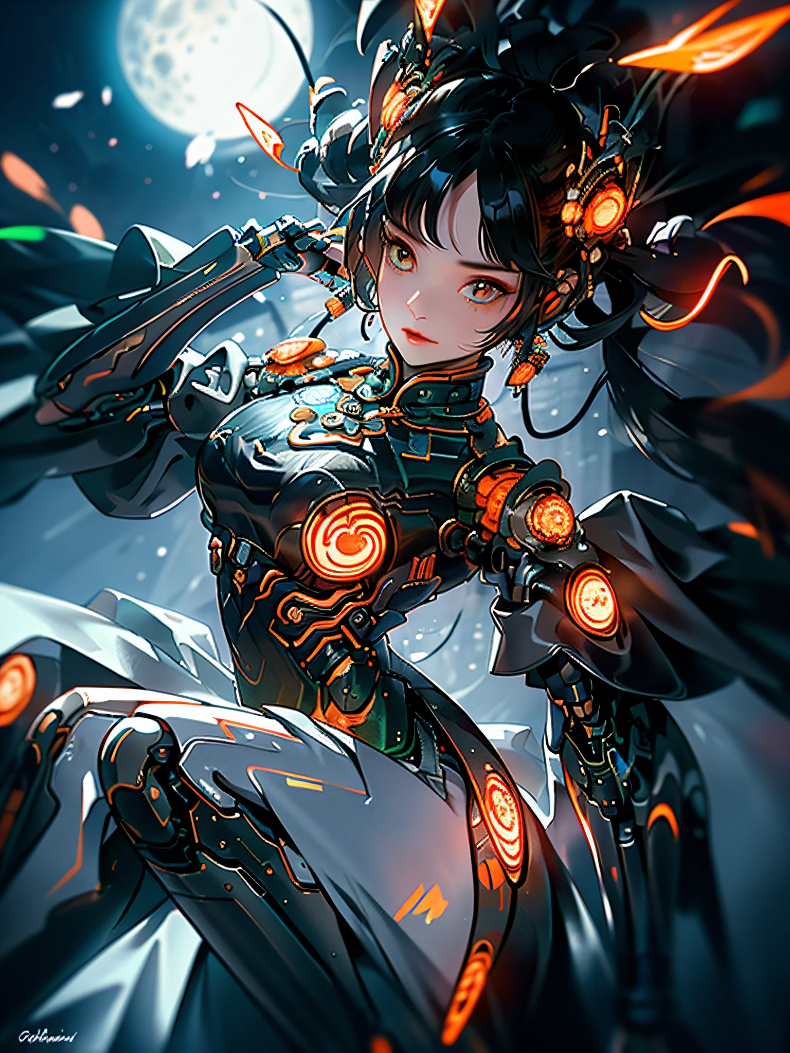 1 girl, Chinese_clothes, metallic black titanium and orange, cyberhan, cheongsam, cyberpunk city, dynamic pose, detailed luminous headphones, glowing hair accessories, long hair, luminous earrings, glowing necklace, cyberpunk, high-tech city, full of mechanical and futuristic elements, futurism, technology, glowing neon, orange, orange light, fluorescent orange, skirt, cape, coat, laser, digital background, urban sky, big moon, with vehicle, best quality, masterpiece, 8K, Character edge light, super high detail, high quality, the most beautiful woman in human beings, slight smile, face facing front left and right symmetry, ear decoration, beautiful pupils, light effects, visual data, pick and dye orange, dye hair, super detail facial texture, happy and proud, weapon system, mecha style, crowded street passers-by, full body in camera, infinite zoom, super light and shadow, various poses, long hair flowing, glowing boots