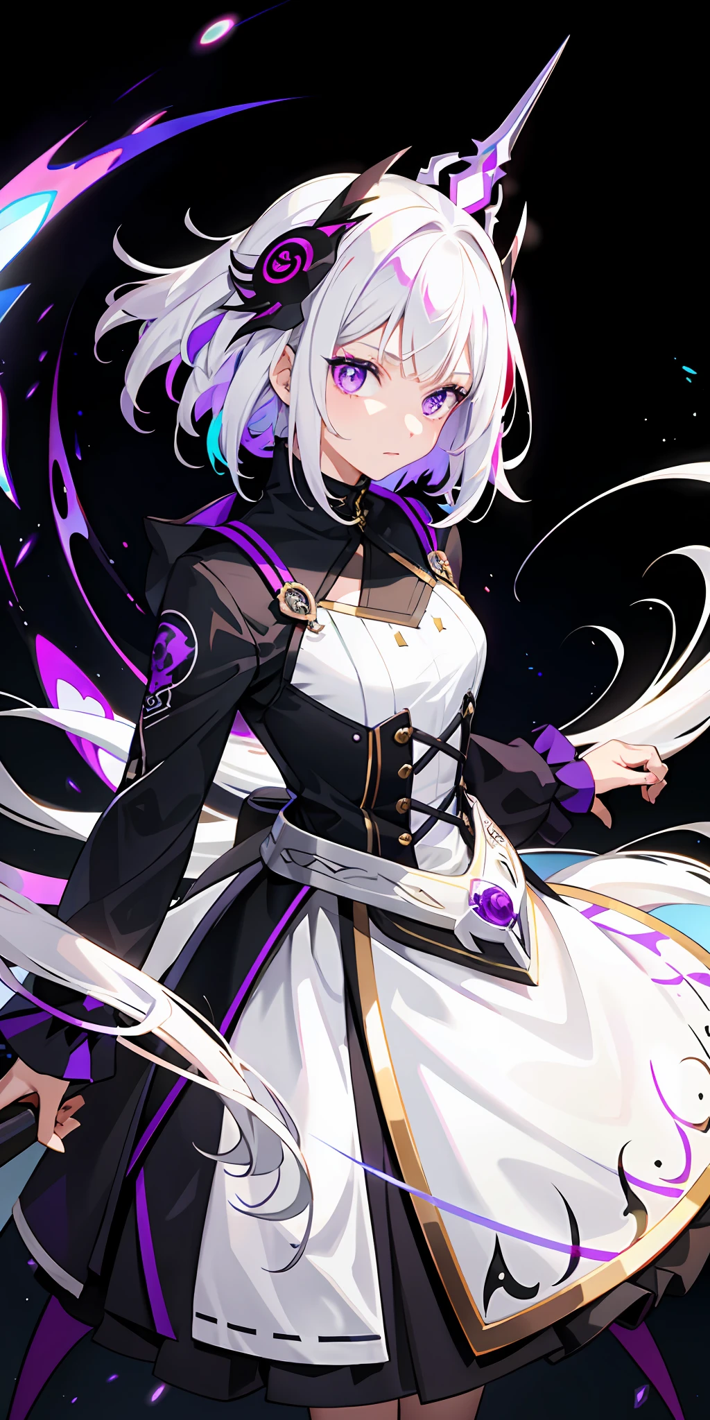 1girl, white hair, multicolored hair, purple eyes, mask on head, sidelighting, light particles, wallpaper,