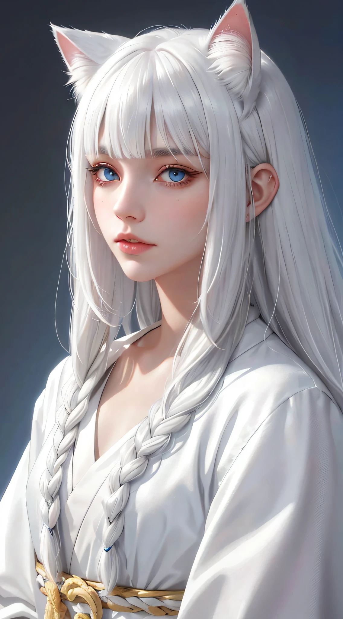 Light white hair, blunt bangs, asymmetrical hair, hair behind ear, long hair, wavy hair, blue eyes, cat pupils, eyebrows behind hair, cat ears, serious, facial hair, close-up, UHD, anatomically correct, textured skin, high details, 1080P, traditional japanese clothes