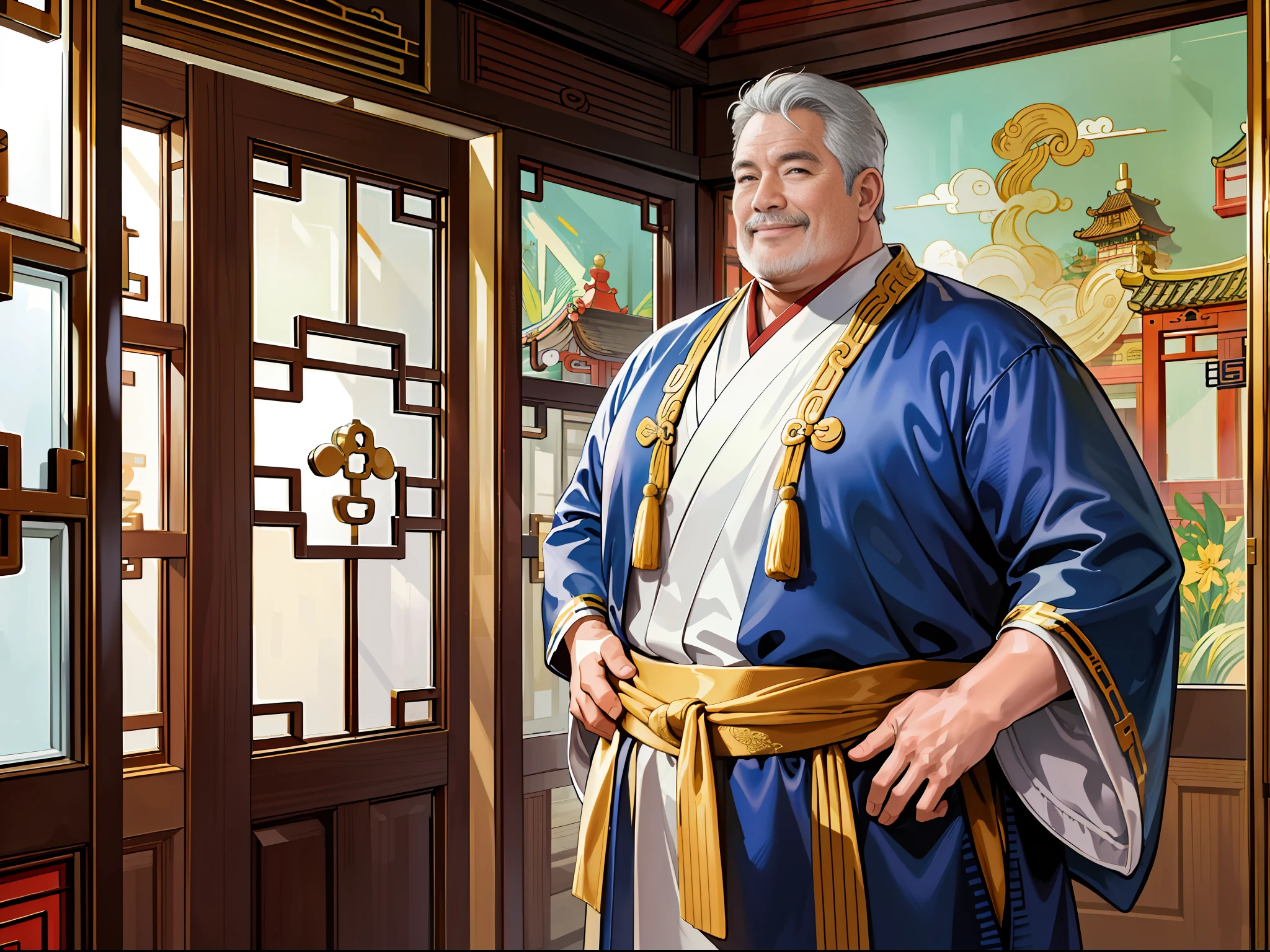 (ridiculous, high resolution, super detailed, realistic,), 1 middle-aged fat man, standing outside the door, 50 years old, nodding happily, hands on his back, head down, happy, happy, Qing dynasty style, gold theme robe, greasy, rich, rich man, room, ancient Chinese style, HD photo.