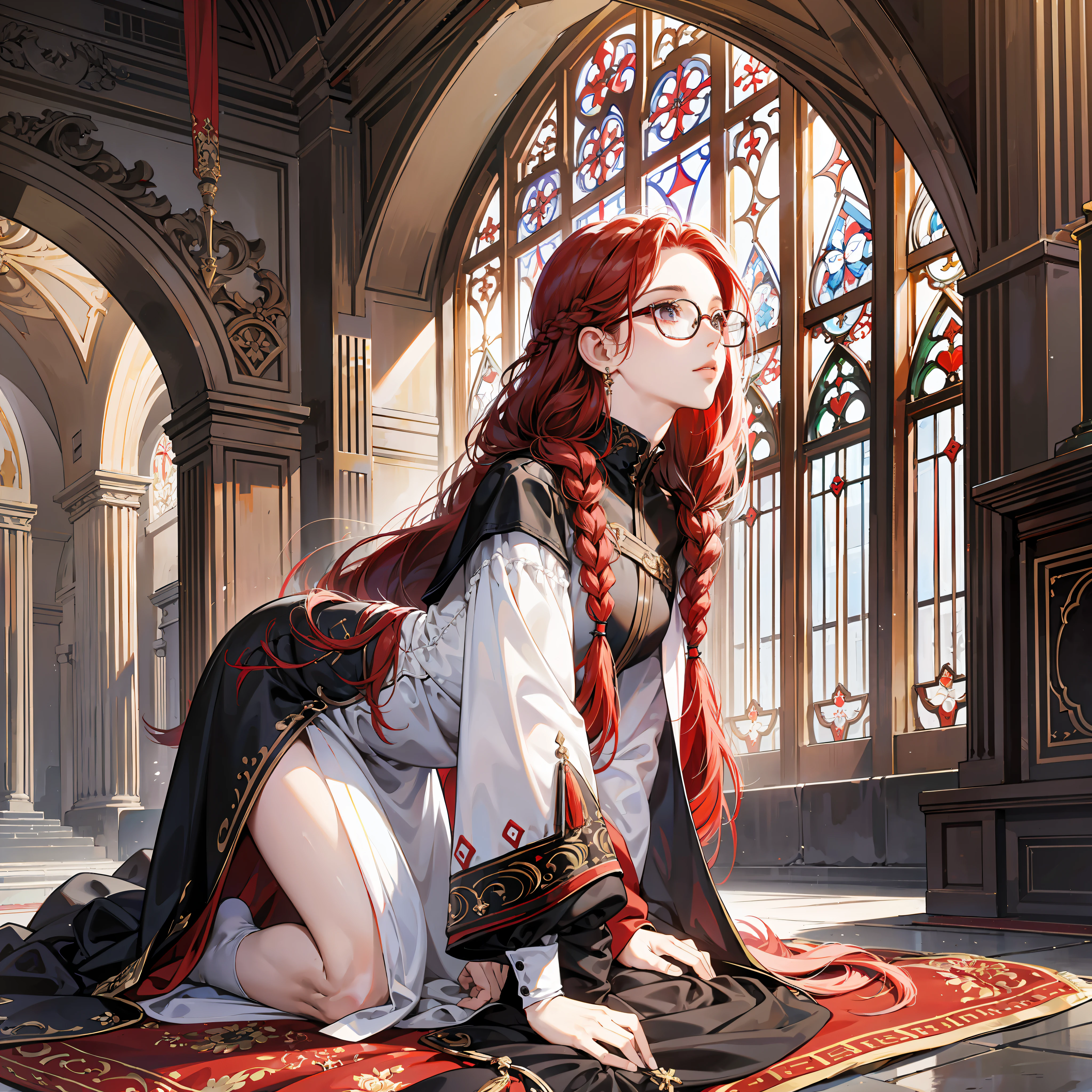 Virgin, holy, kneeling in prayer, twisted braids, long black silk legs, black glasses, white clothes, red hair --auto --s2