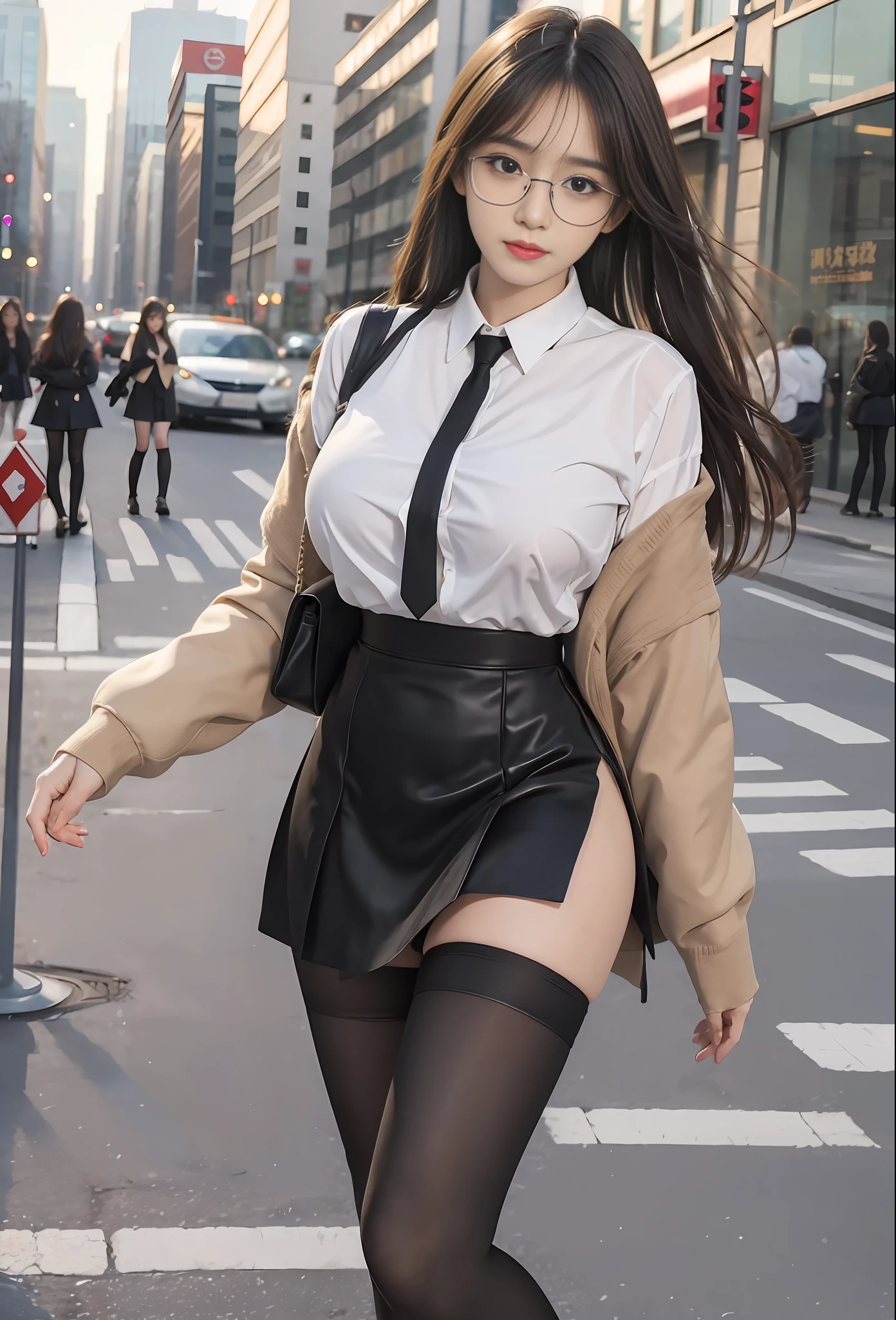 ulzzang-6500-v1.1, (raw photo:1.2), (photorealistic:1.4), beautiful detailed girl, very detailed eyes and face, beautiful detailed eyes, ridiculous, incredibly ridiculous, huge file size, super detailed, high resolution, very detailed, best quality, masterpiece, ((fashion clothing with diverse colors)), illustration, very detailed, CG, unified, 8k wallpaper, amazing, fine detail, masterpiece ,best quality, very detailed CG uniform 8k wallpaper, light on face, movie lighting, 1girl, 16 years old, long white hair, side splits, (big breasts), (no panties)), (glasses), ((dynamic pose))), ((sexy pose))), (camel toe), (half), (pantyhose)), ((black hip skirt))