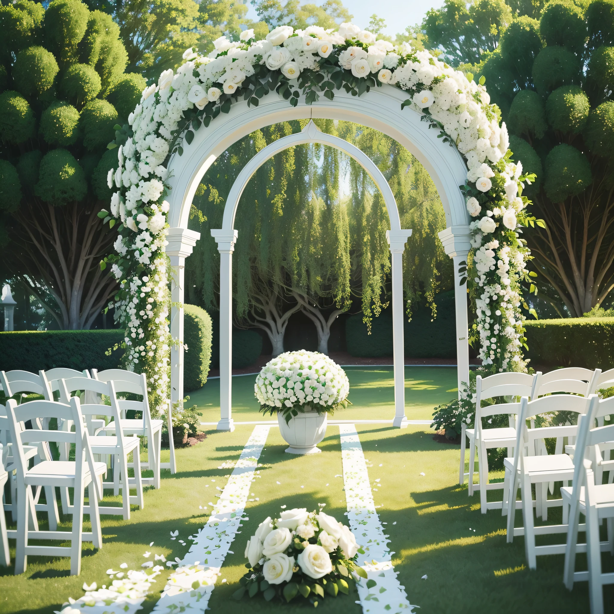 arafed outdoor wedding ceremony with white and green decor, flower decorations, wedding, fairy tale setting, outdoors setting, white sweeping arches, green colored theme, romantic greenery, beautiful setting, luxurious wedding, glamorous setting, light greens and whites, beautiful image,  with flowers and plants, half image, delightful surroundings, garden setting, an elegant green --auto --s2