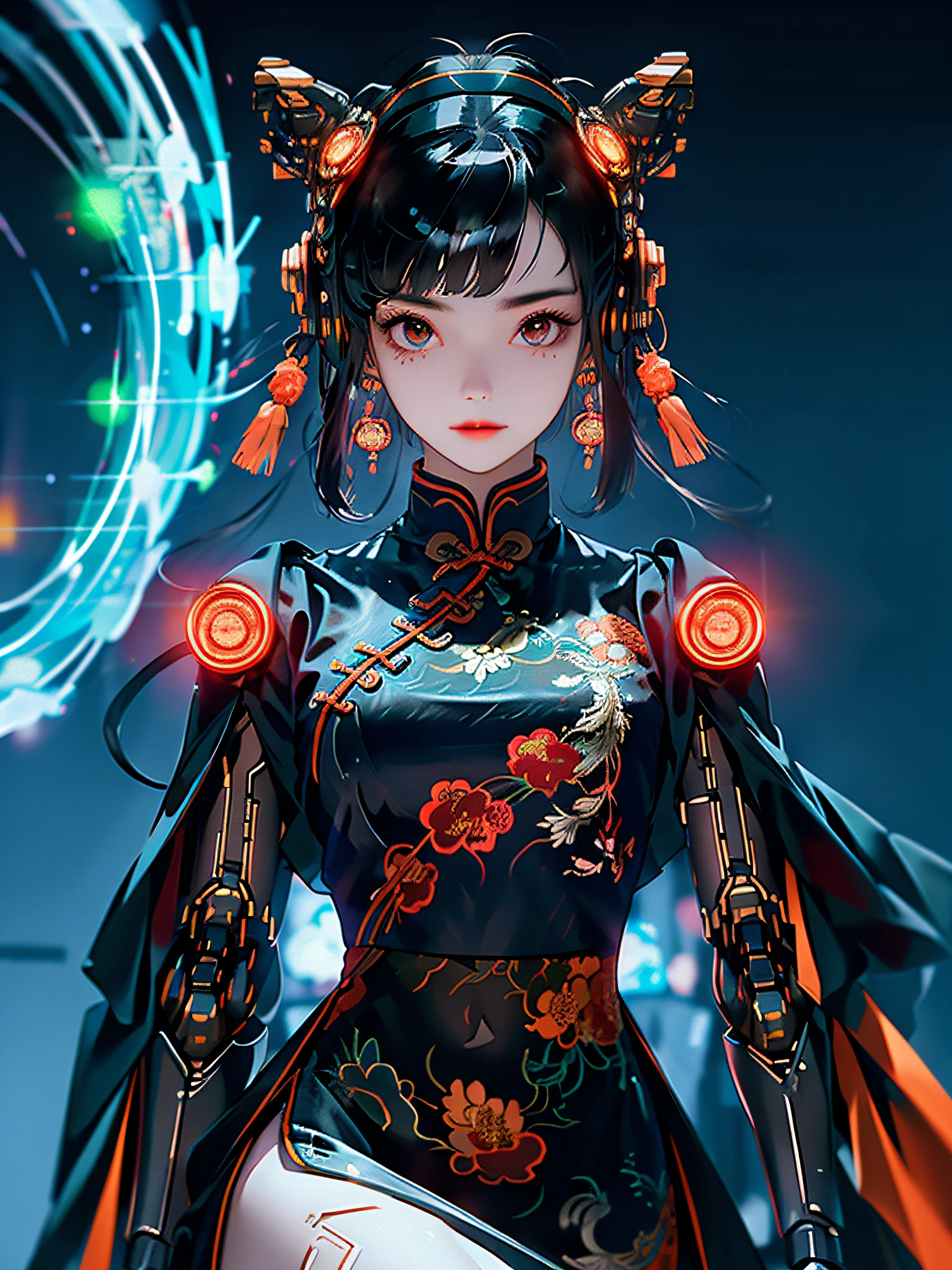1 girl, Chinese_clothes, metallic black titanium and orange, cyberhan, cheongsam, cyberpunk city, dynamic pose, detailed luminous headphones, glowing hair accessories, long hair, luminous earrings, glowing necklace, cyberpunk, high-tech city, full of mechanical and futuristic elements, futurism, technology, glowing neon, orange, orange light, fluorescent orange, skirt, cape, coat, laser, digital background, urban sky, big moon, with vehicle, best quality, masterpiece, 8K, Character edge light, super high detail, high quality, the most beautiful woman in human beings, slight smile, face facing front left and right symmetry, ear decoration, beautiful pupils, light effects, visual data, pick and dye orange, dye hair, super detail facial texture, happy, weapon system, mecha style, crowded people on the street, mechanical wings, super light and shadow, various postures, long hair flowing