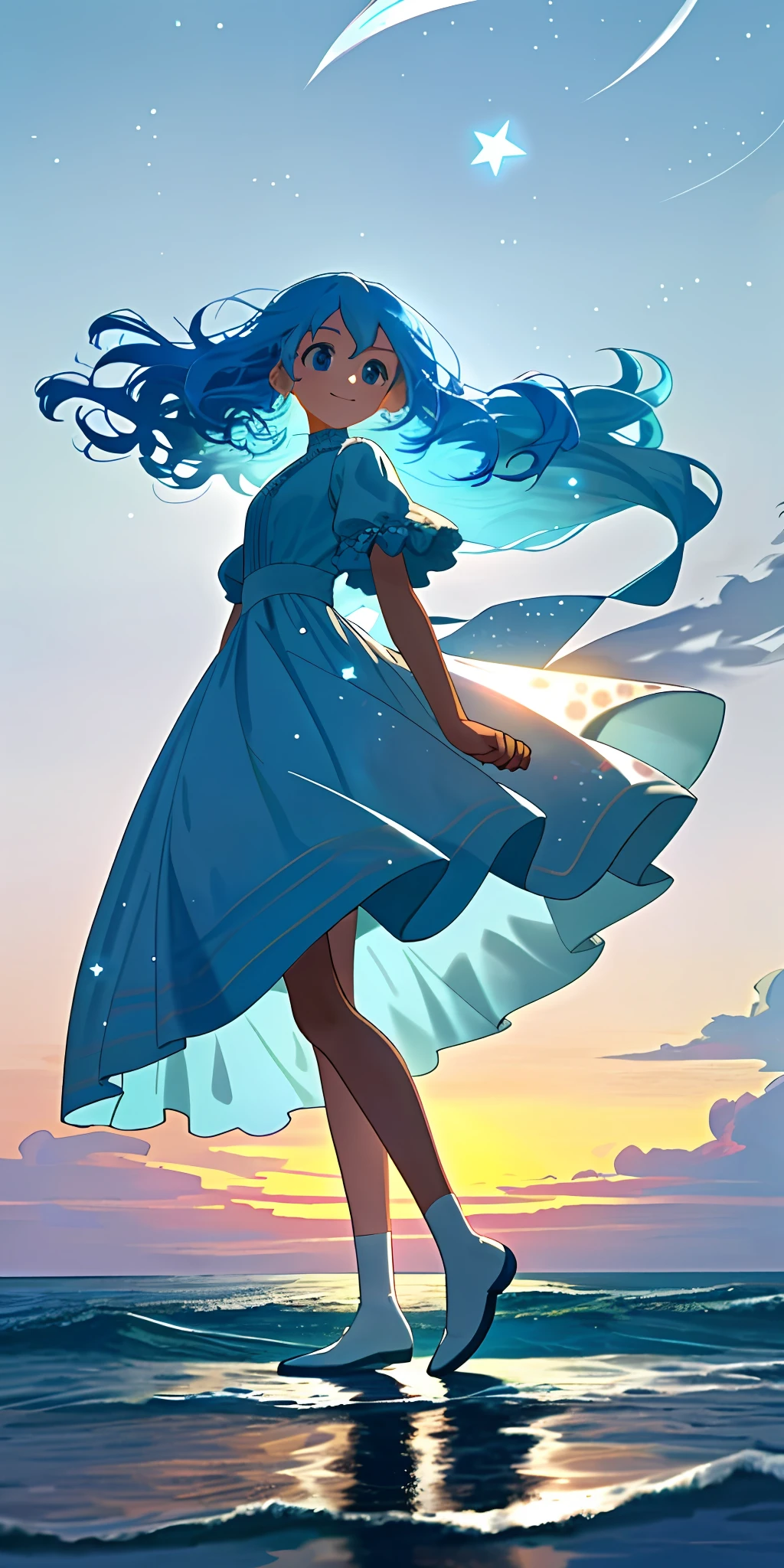 (Masterpiece, best quality), a girl with long light blue hair standing alone by the sea, wearing a white thin dress, dancing with the wind, her hair slightly curly, blown around by the wind, and some hair blocking her face, the evening sky is dark blue, the sky is dotted with stars, there is a white glowing moon directly behind the girl, the girl has deep blue eyes, looking into the distance, smiling happily, and her hands drooping