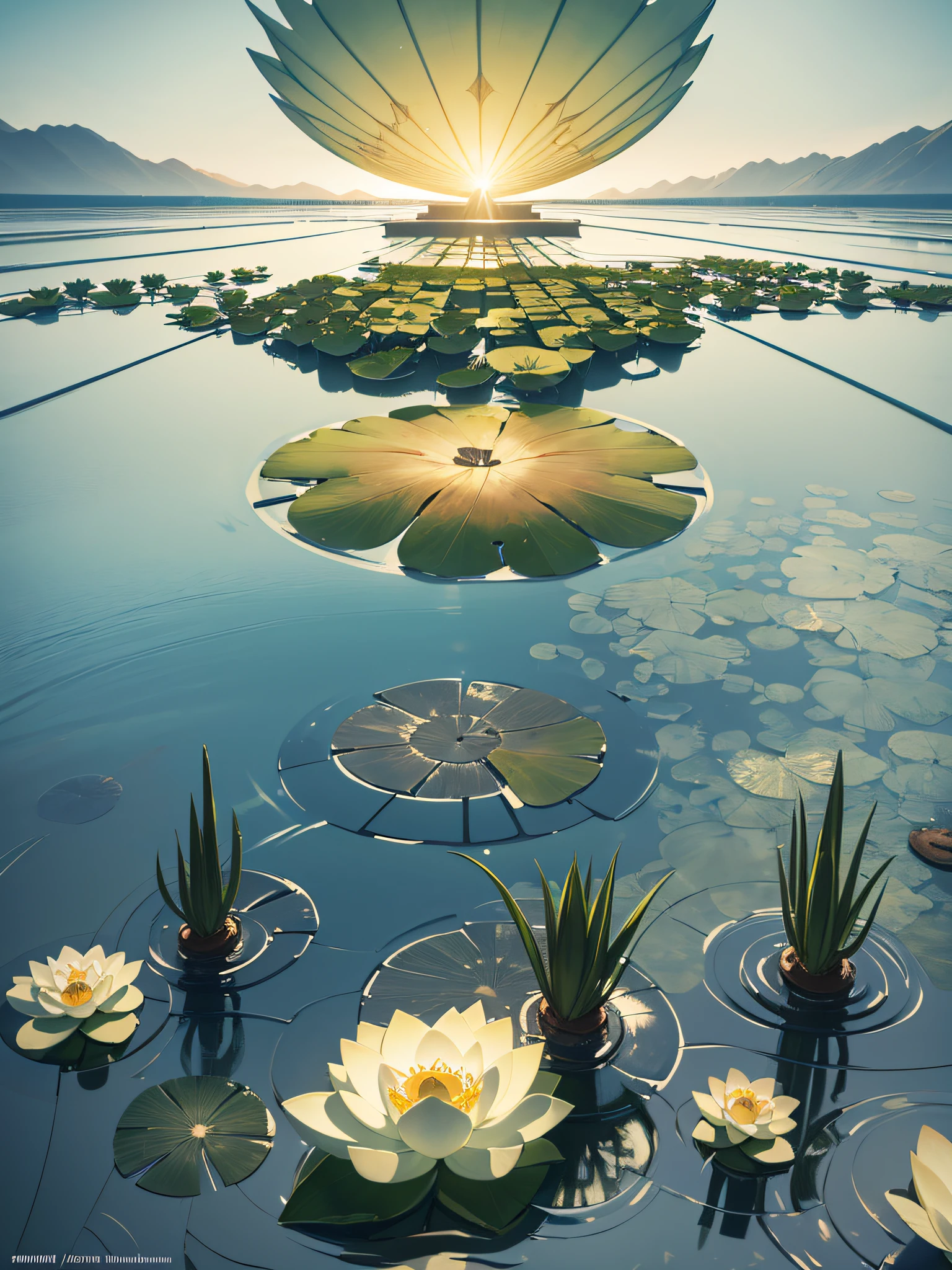 top view lotus flowers on the water surface, highly detailed render, concept art, octane render, sunny mystical atmosphere Elemental flowers, 32k, cinema