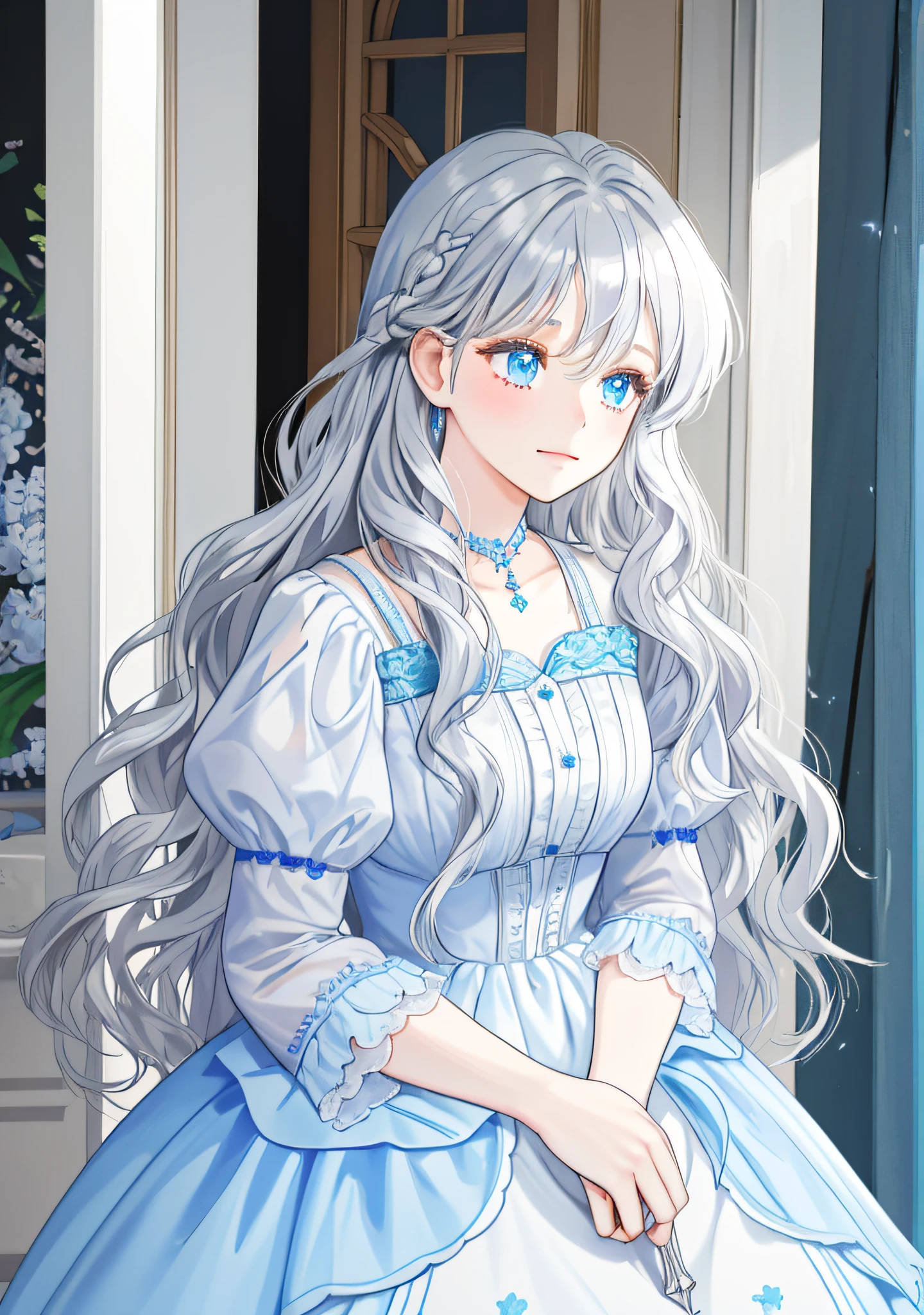 Close-up of a person holding an ice cream cone, sweet girl, wavy silver-haired woman, bangs, light blue eyes, gentle lilac dress, pure girl, behind the girl stands a teenager with a faint smile