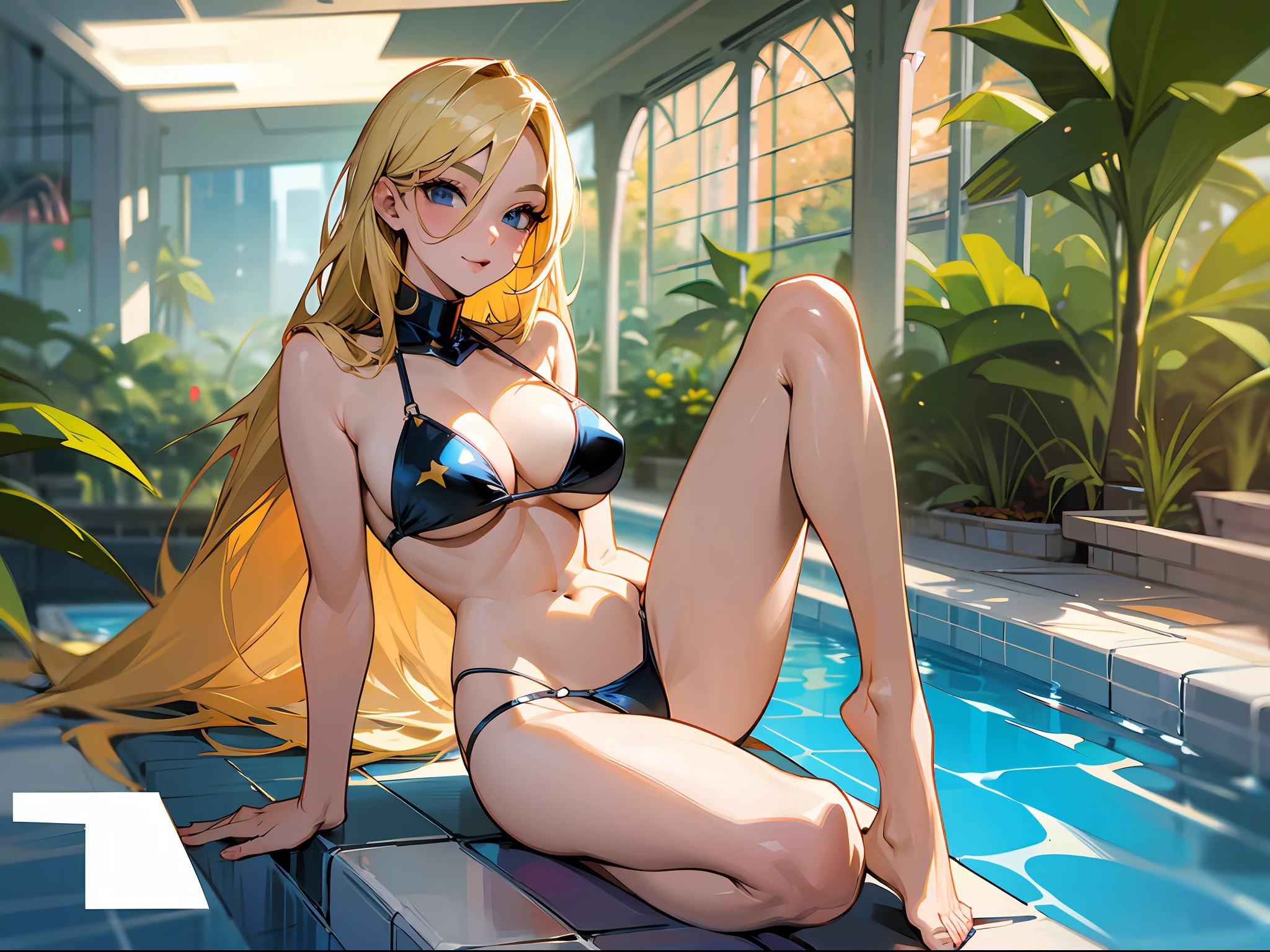 Top comic book face, perfect proportions, long blonde hair, erotic bikini, pool, sexy pose, full body photo --auto --s2